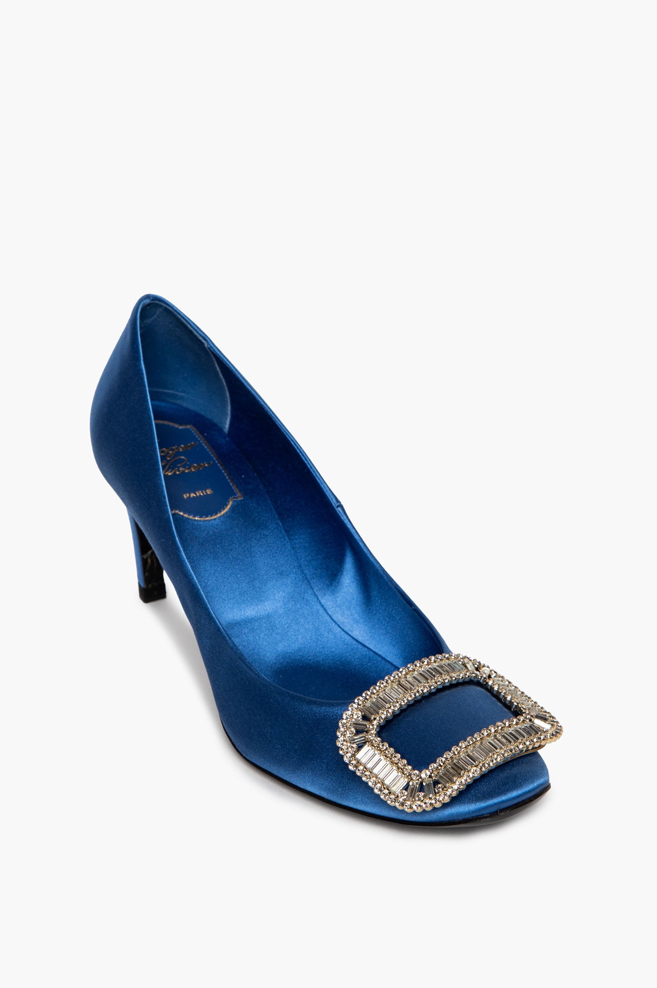 Roger Vivier Blue Satin Crystal Embellished Belle Vivier Pumps Size 37.5