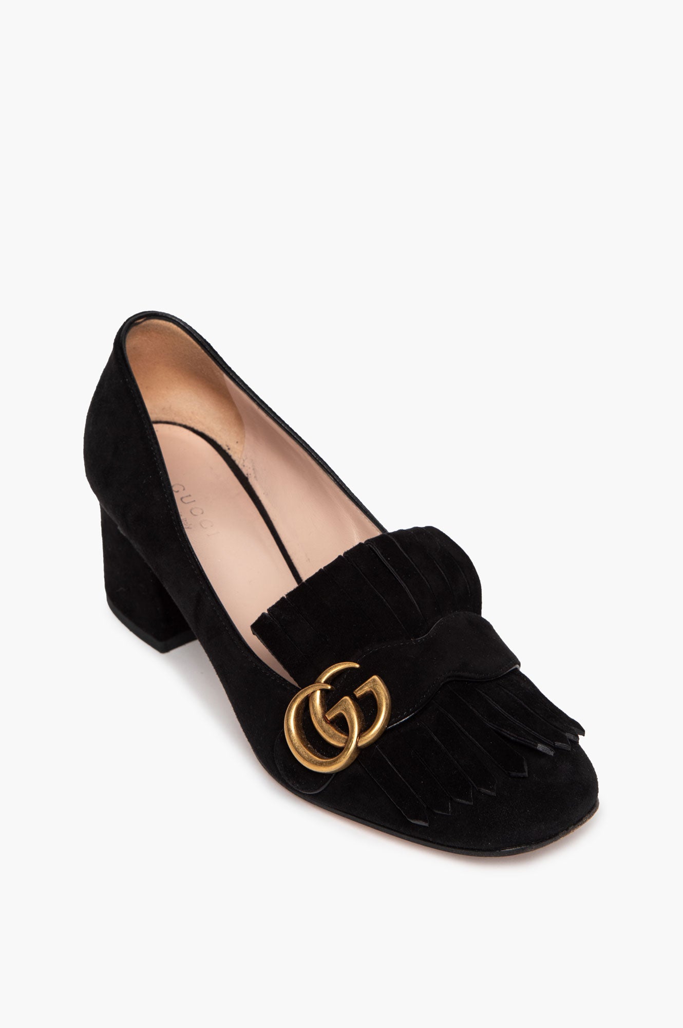Gucci Black Suede Fringe GG Marmont Block Heel Pumps Size 38