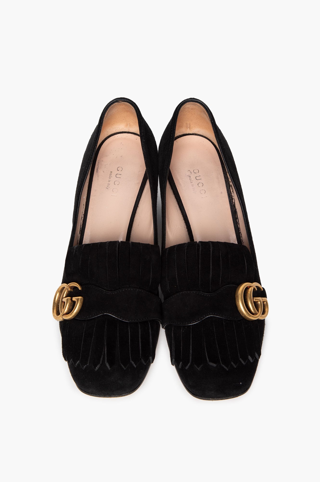 Gucci Black Suede Fringe GG Marmont Block Heel Pumps Size 38