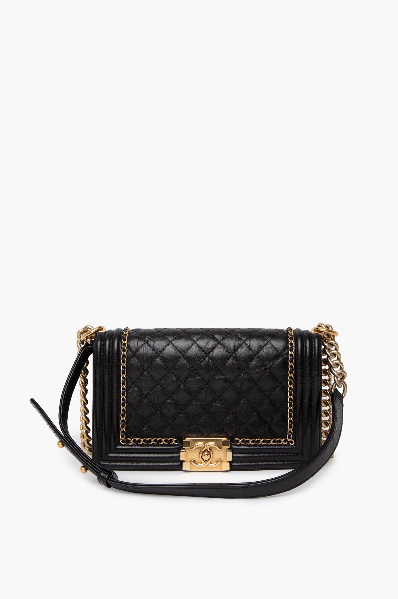 Chanel Black Aged Calfskin Quilted New Medium Boy Bag