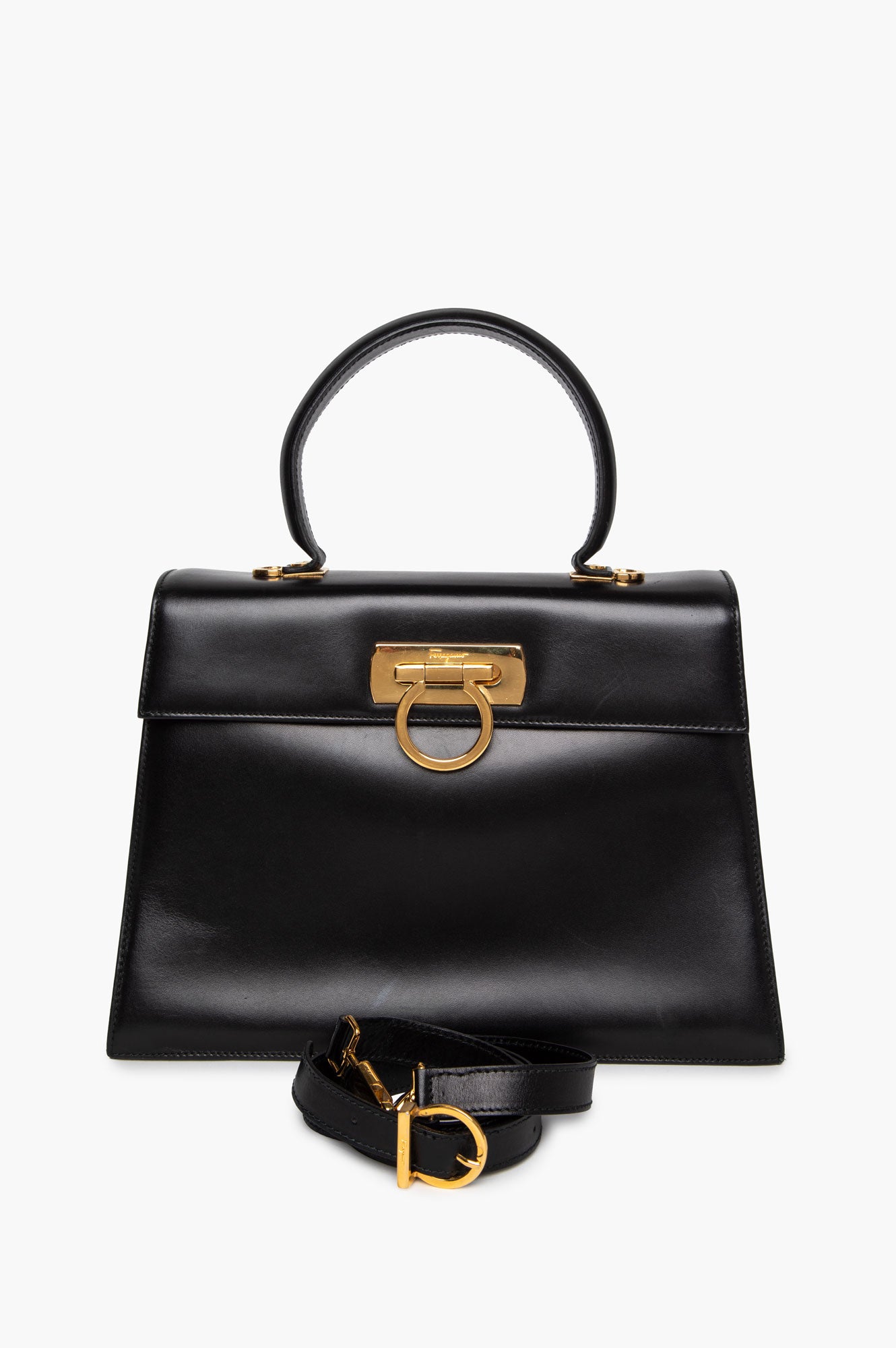Salvatore Ferragamo Black Shiny Calfskin Gancini Iconic Top Handle Bag with Strap