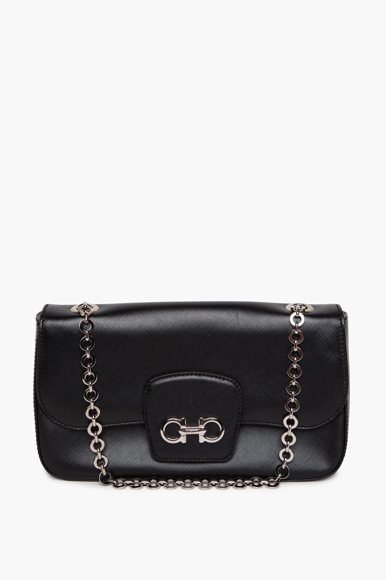 Salvatore Ferragamo Black Saffiano Leather Gancini Chain Shoulder Bag