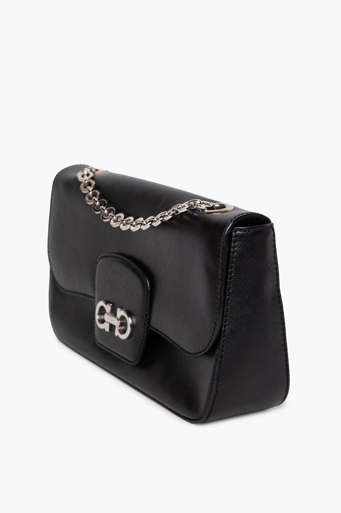 Salvatore Ferragamo Black Saffiano Leather Gancini Chain Shoulder Bag