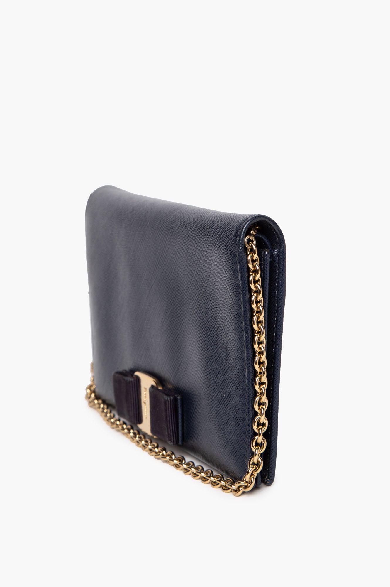 Salvatore Ferragamo Navy Saffiano Leather Vara Bow Chain Wallet