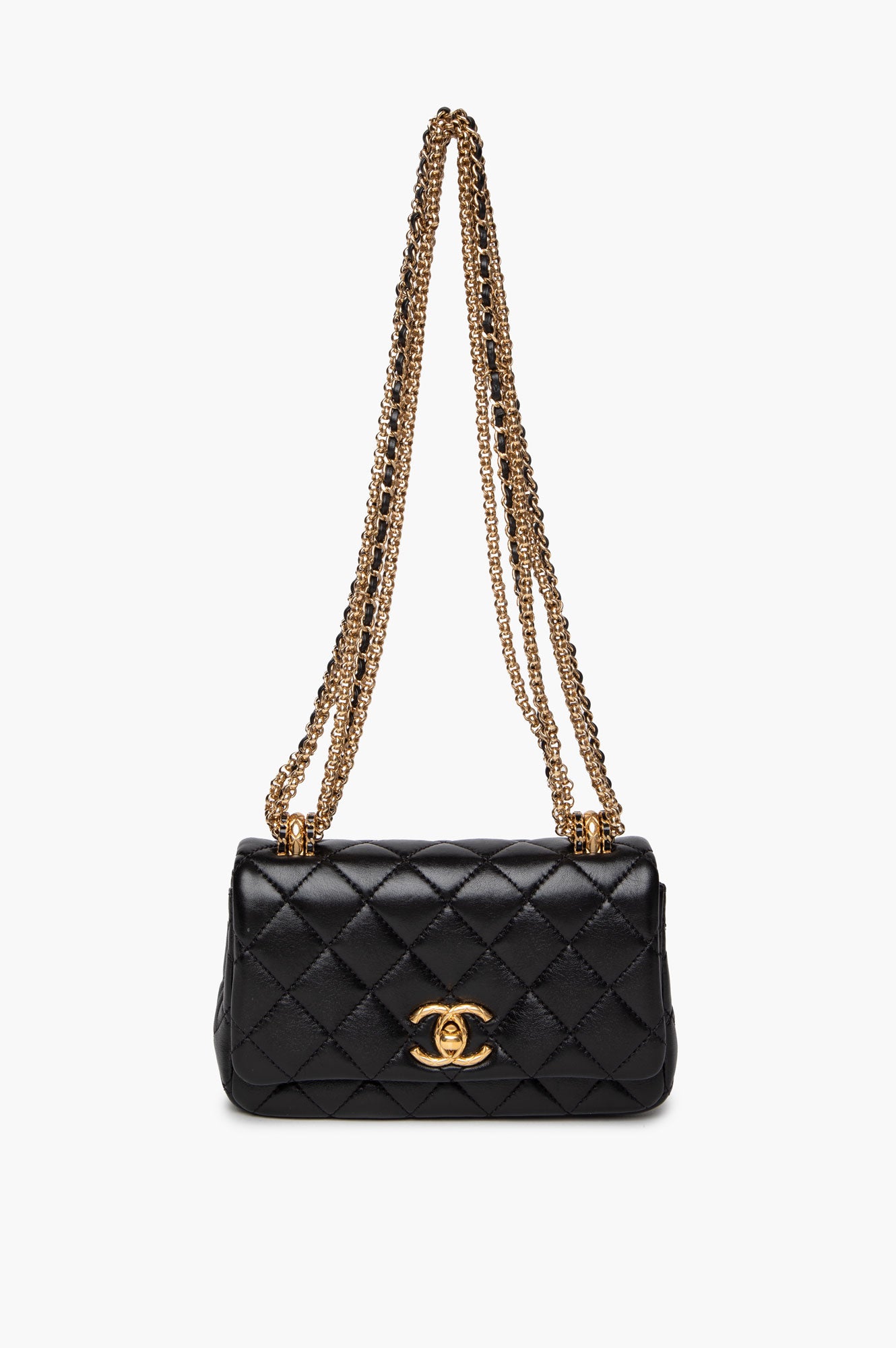 Chanel 24A Black Shiny Lambskin Gold Chain Mini Flap Bag