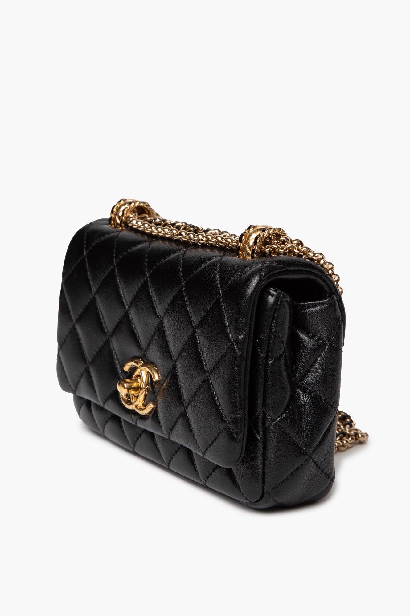 Chanel 24A Black Shiny Lambskin Gold Chain Mini Flap Bag