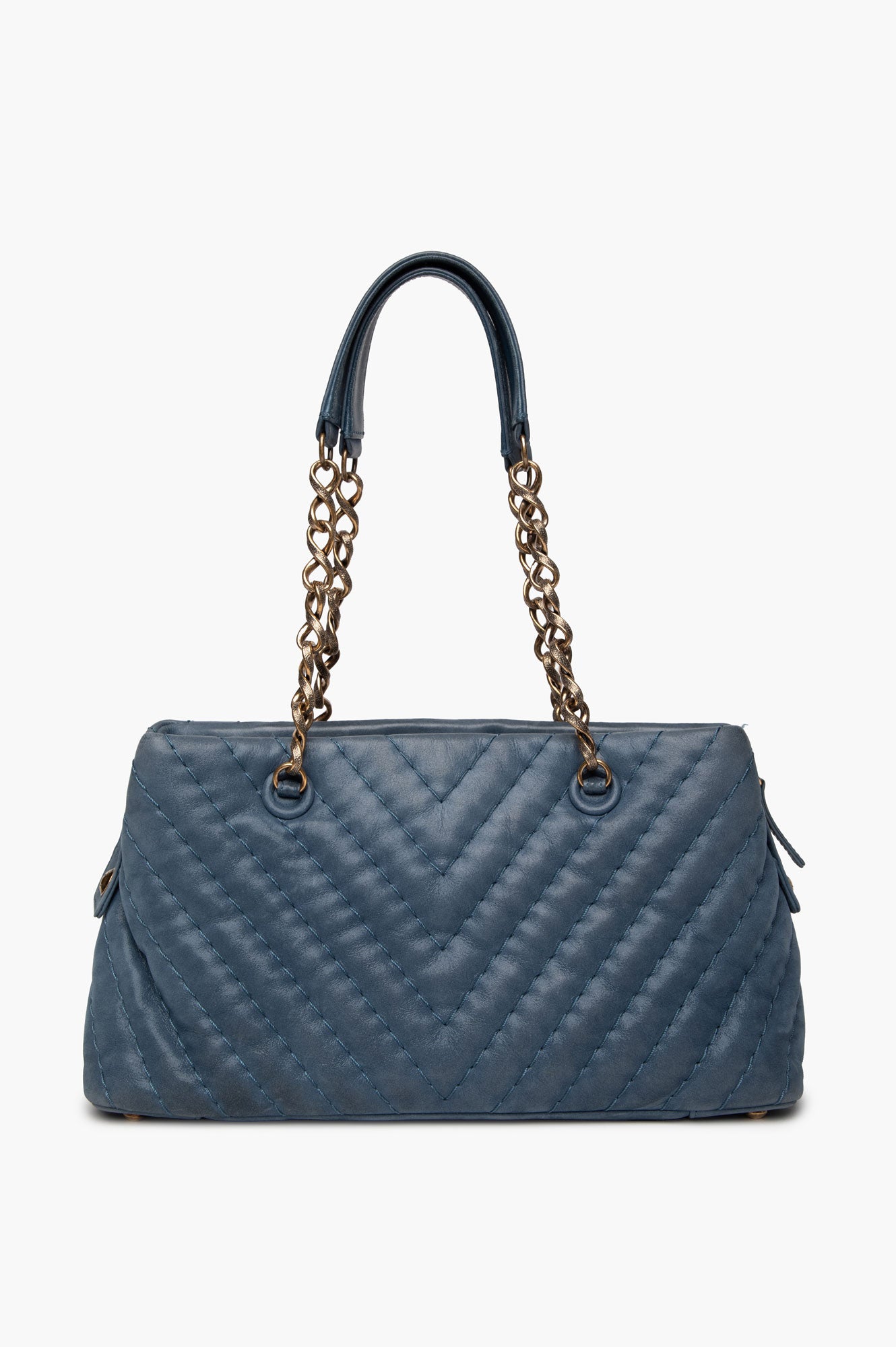 Chanel Denim Blue Iridescent Chevron Quilted Leather Surpique Tote
