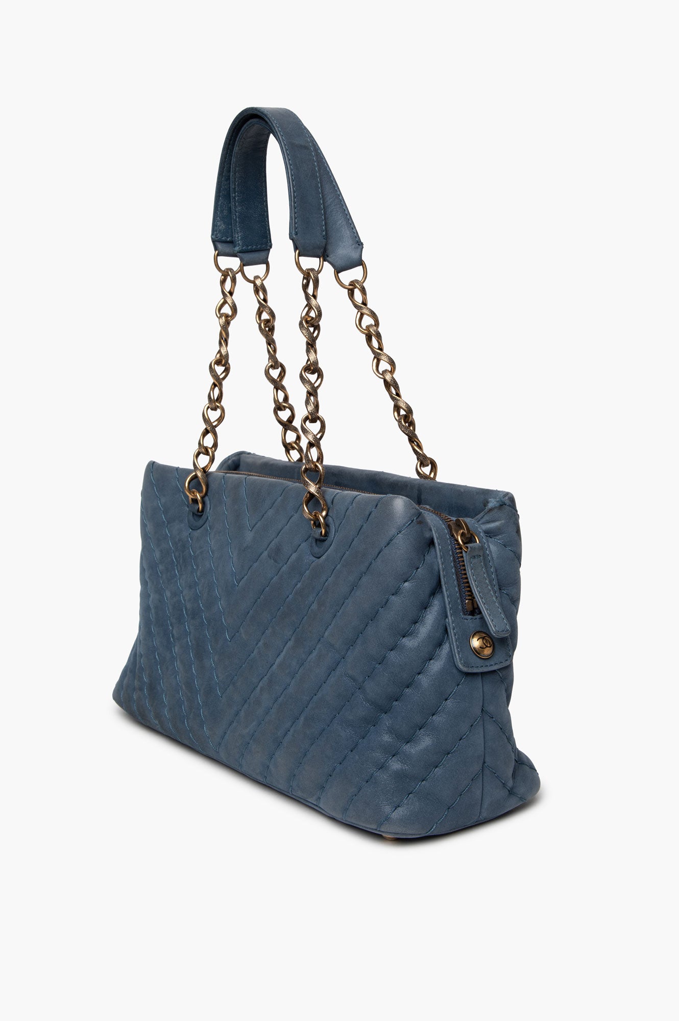 Chanel Denim Blue Iridescent Chevron Quilted Leather Surpique Tote