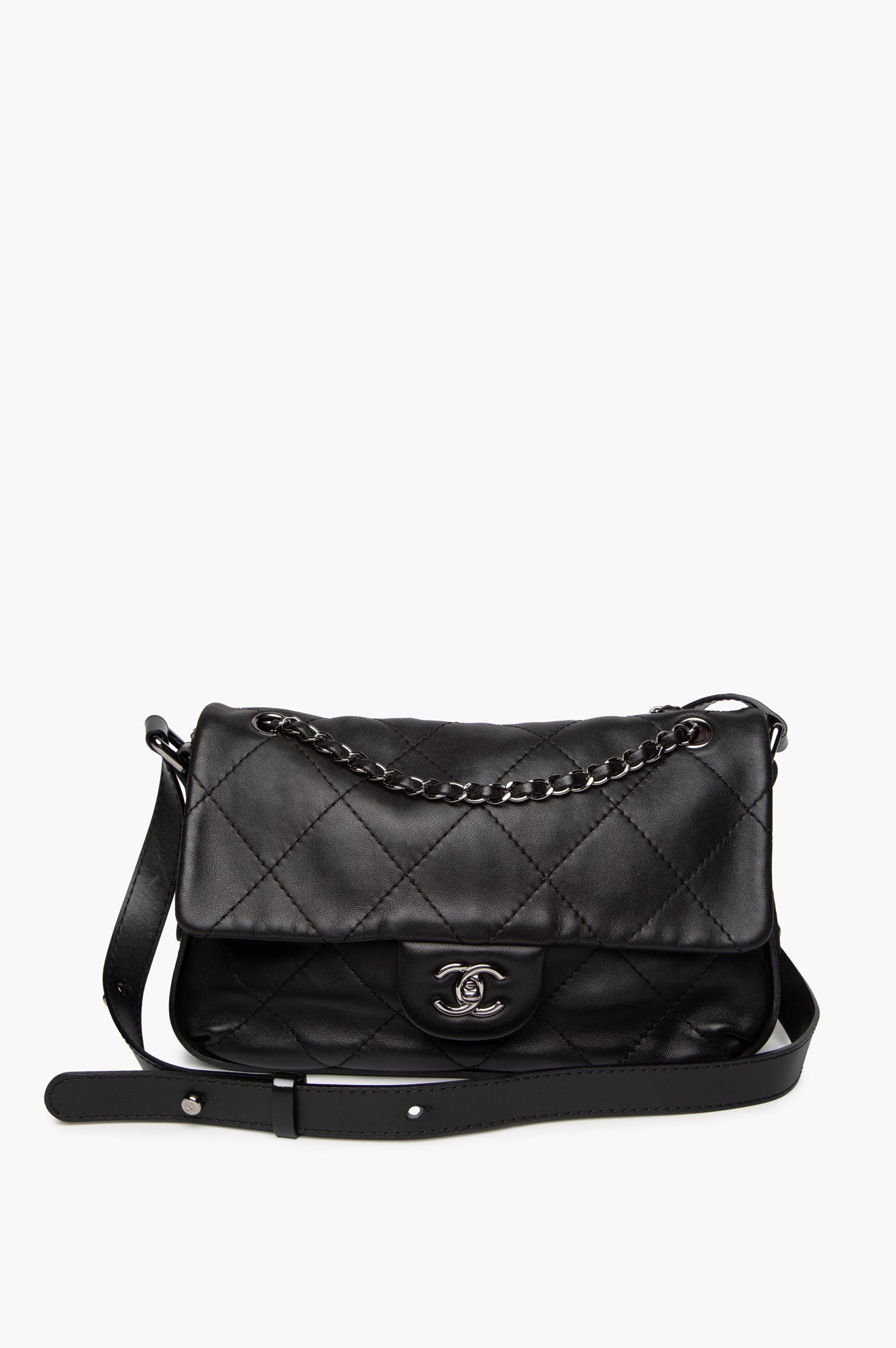 Chanel Black Lambskin CC Curved Flap Messenger Bag