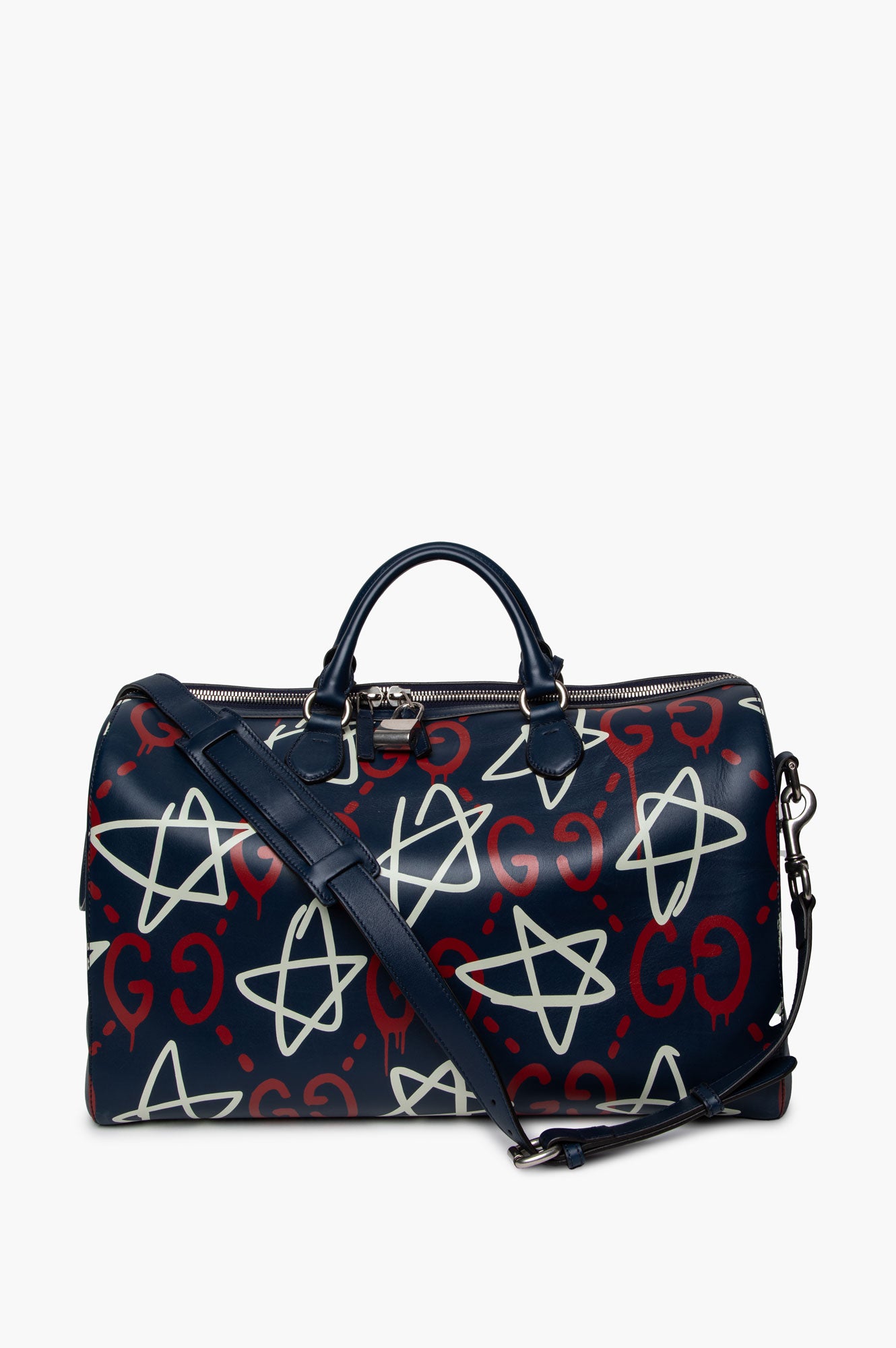 Gucci Blue Graffiti Print Leather GucciGhost Weekender Duffle Bag