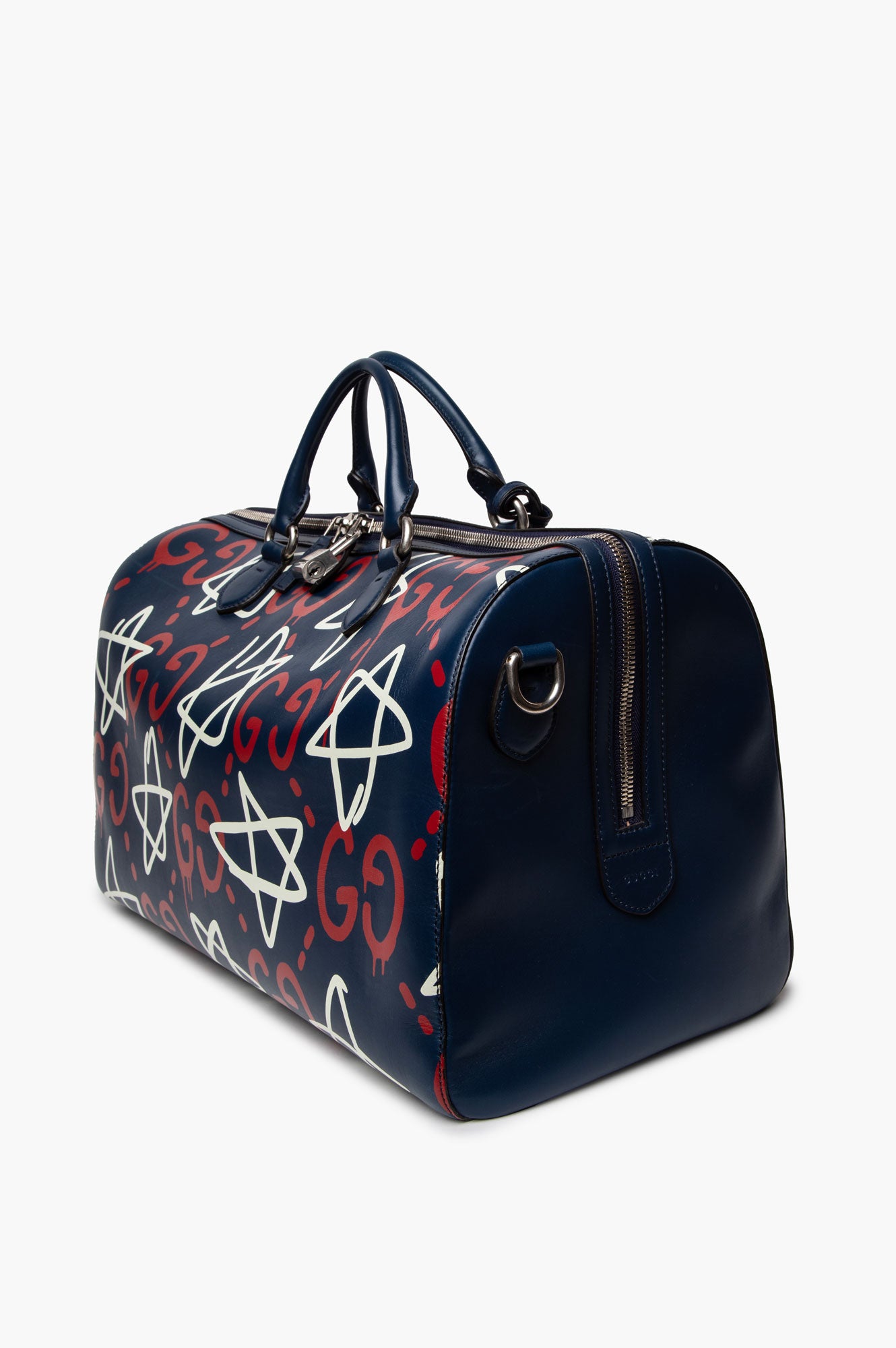 Gucci Blue Graffiti Print Leather GucciGhost Weekender Duffle Bag