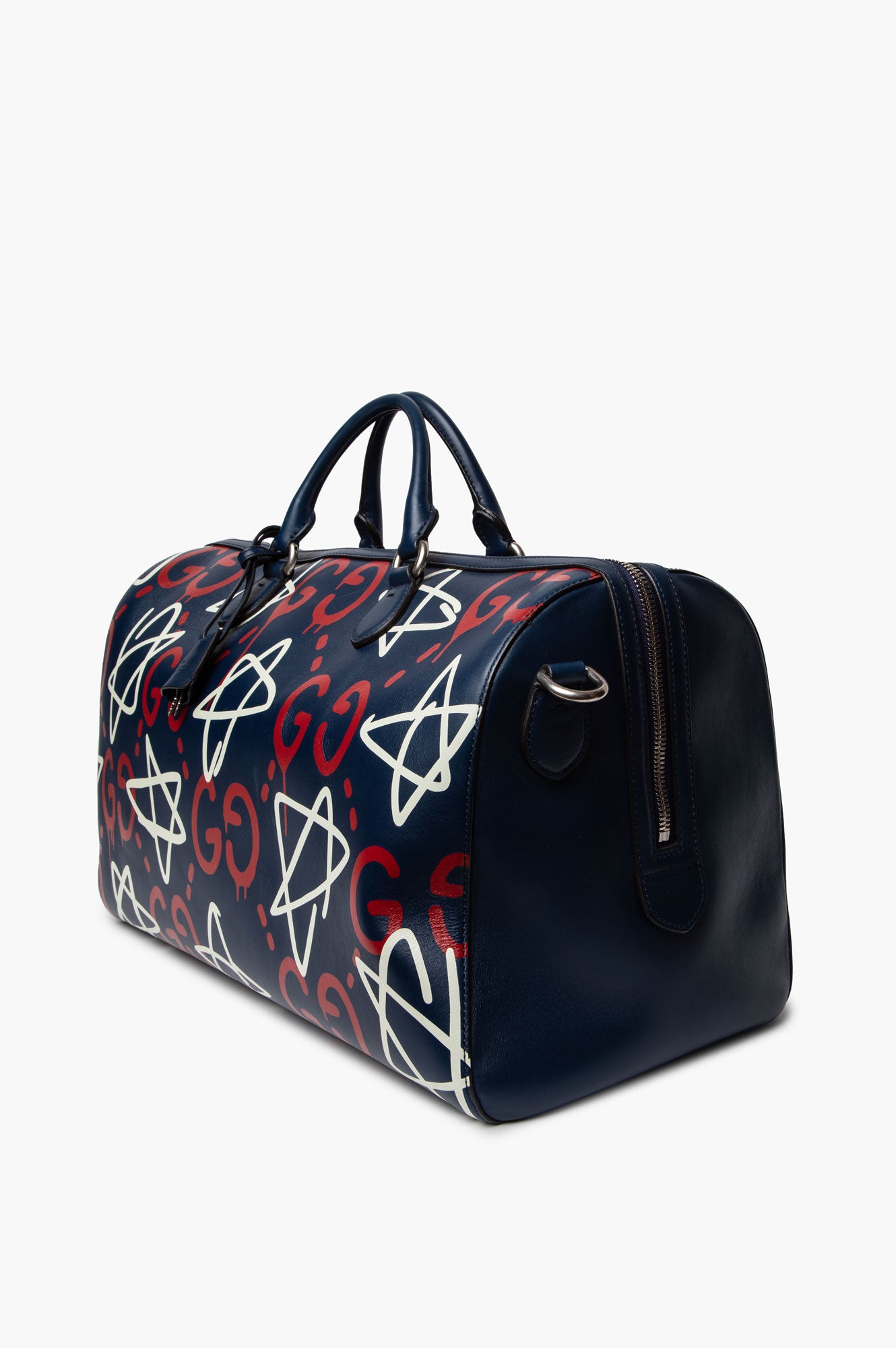 Gucci Blue Graffiti Print Leather GucciGhost Weekender Duffle Bag