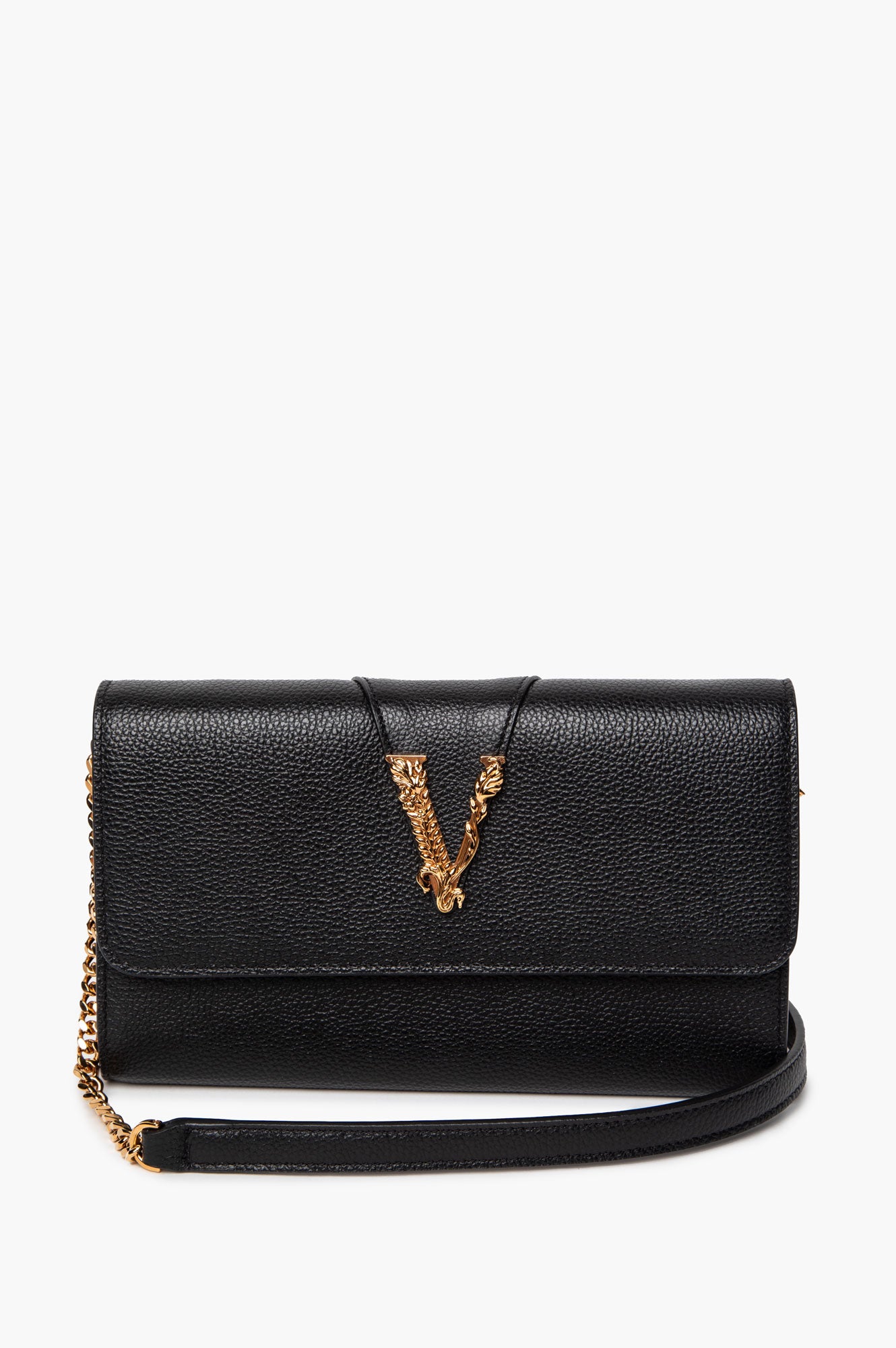 Versace Black Leather Virtus Flap Clutch Chain Bag