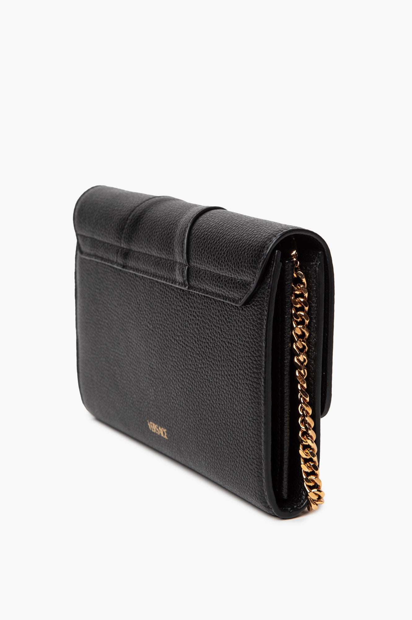 Versace Black Leather Virtus Flap Clutch Chain Bag