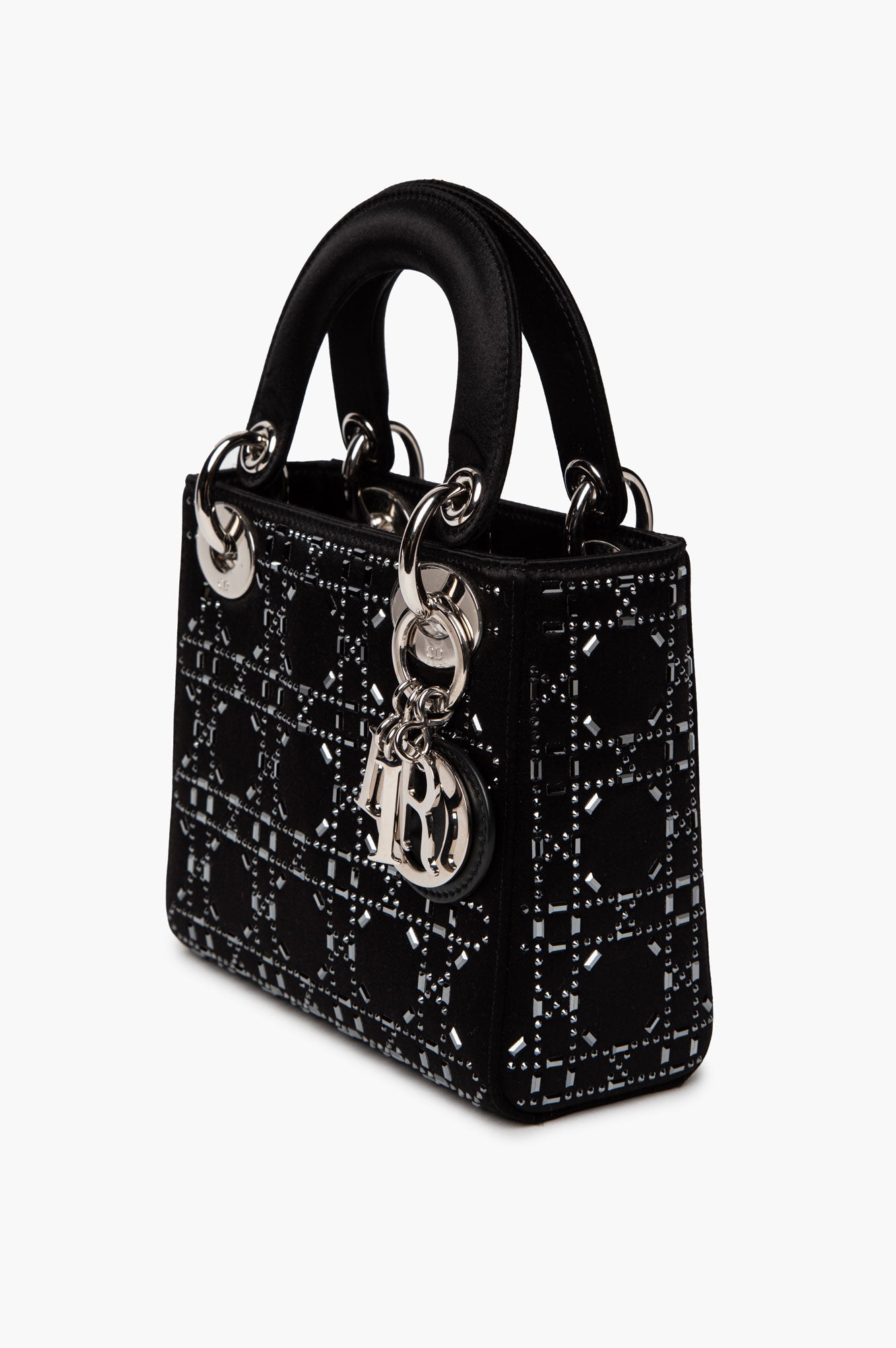 Christian Dior Black Satin Rhinestone Mini Lady Dior Bag