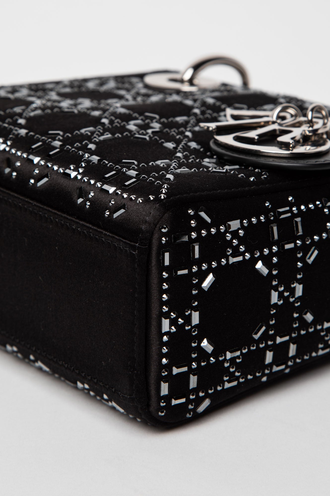 Christian Dior Black Satin Rhinestone Mini Lady Dior Bag