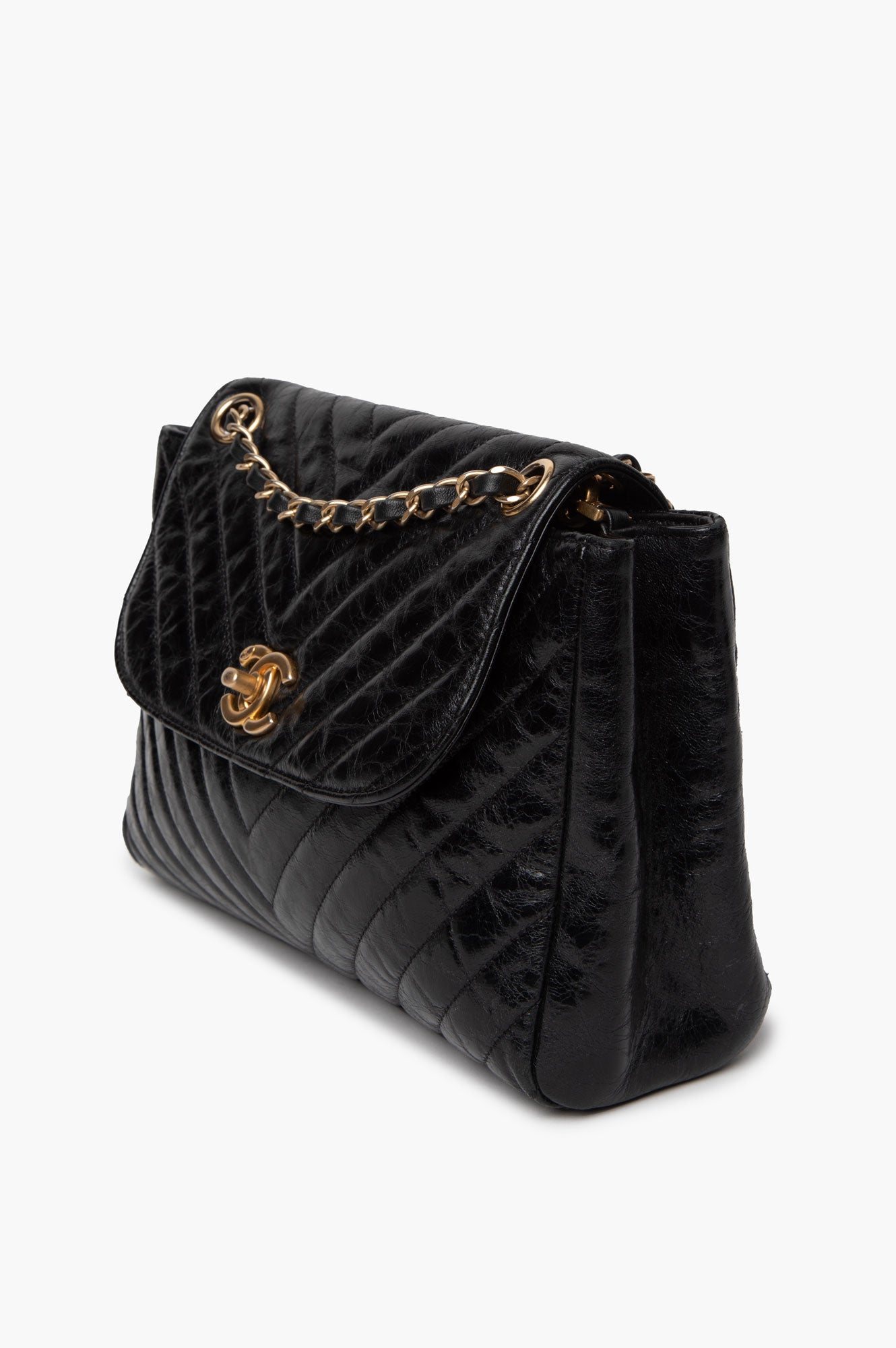 Chanel Black Chevron Quilted Aged Calfskin Hampton Flap Bag