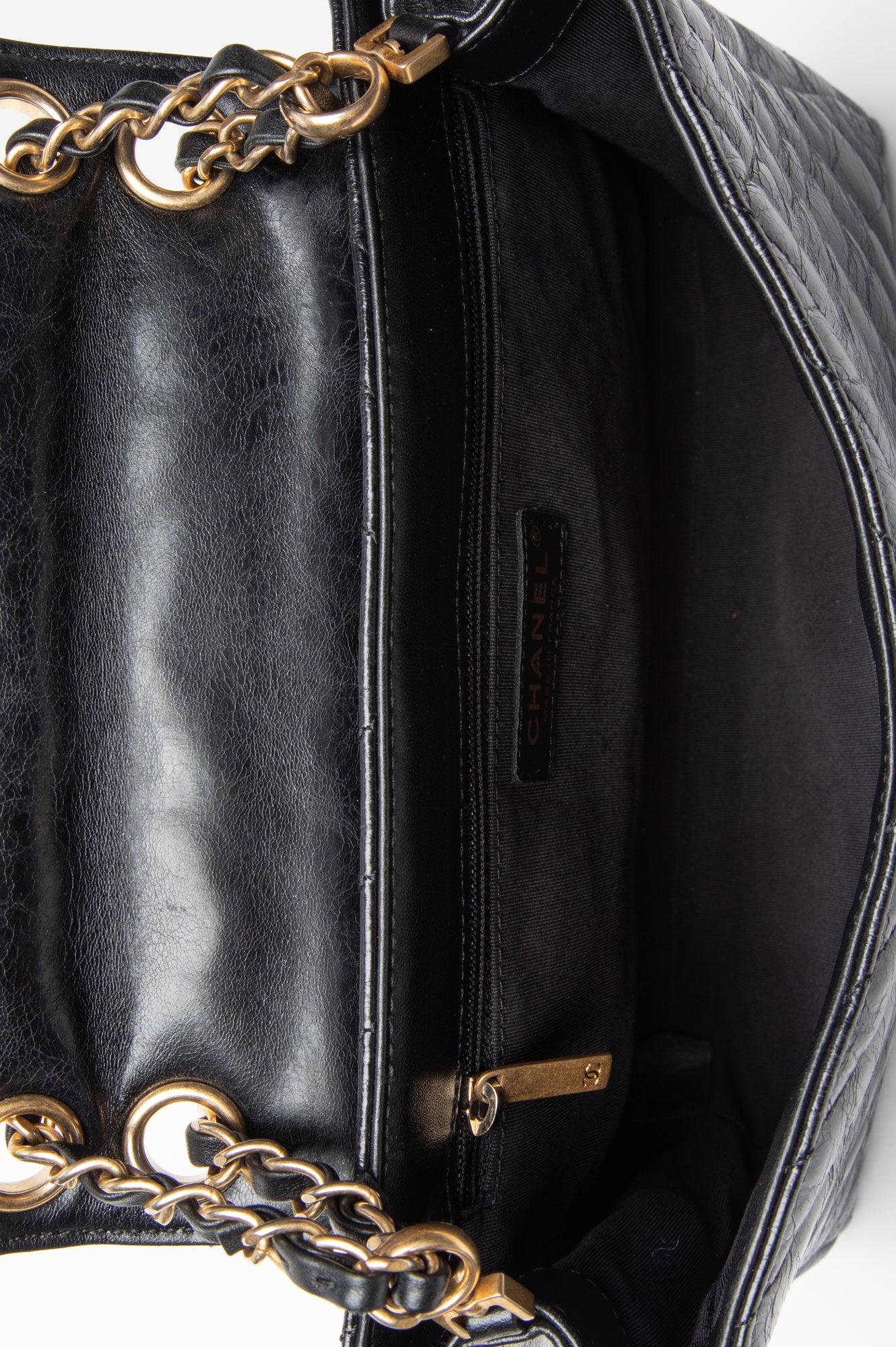 Chanel Black Chevron Quilted Aged Calfskin Hampton Flap Bag