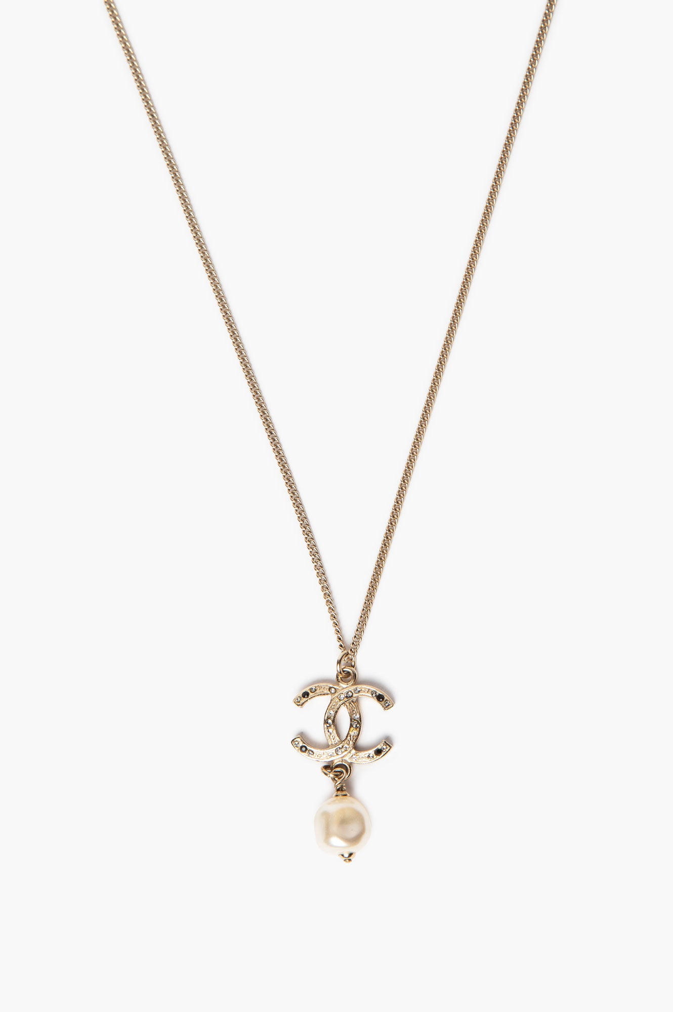Chanel 12A Champagne Gold Tone CC Faux Baroque Pearl Drop Pendant Necklace