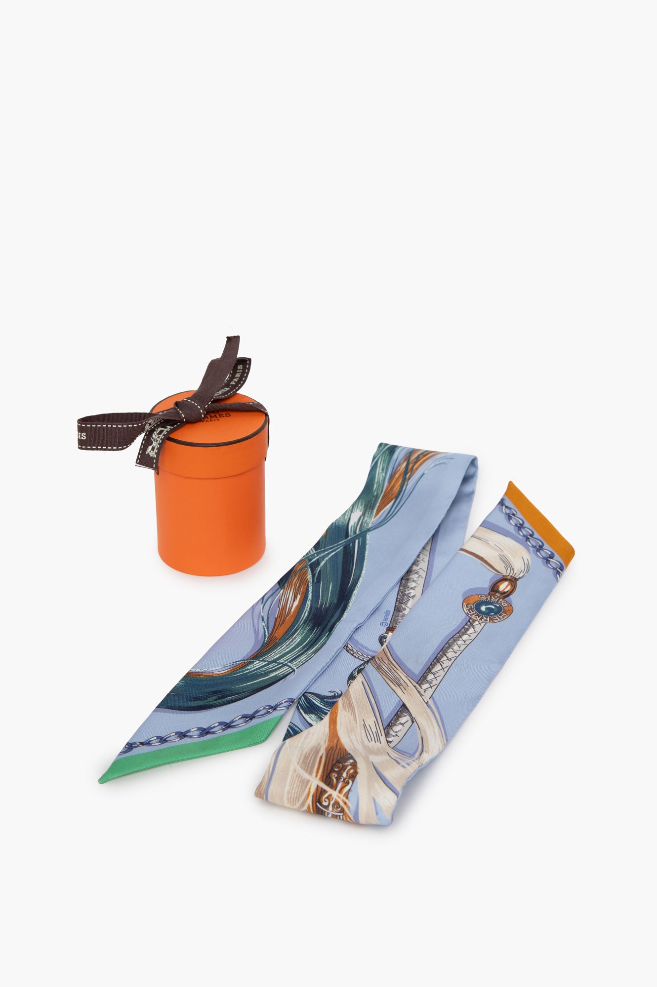 Hermes Blue Cavalcades Silk Twilly Scarf