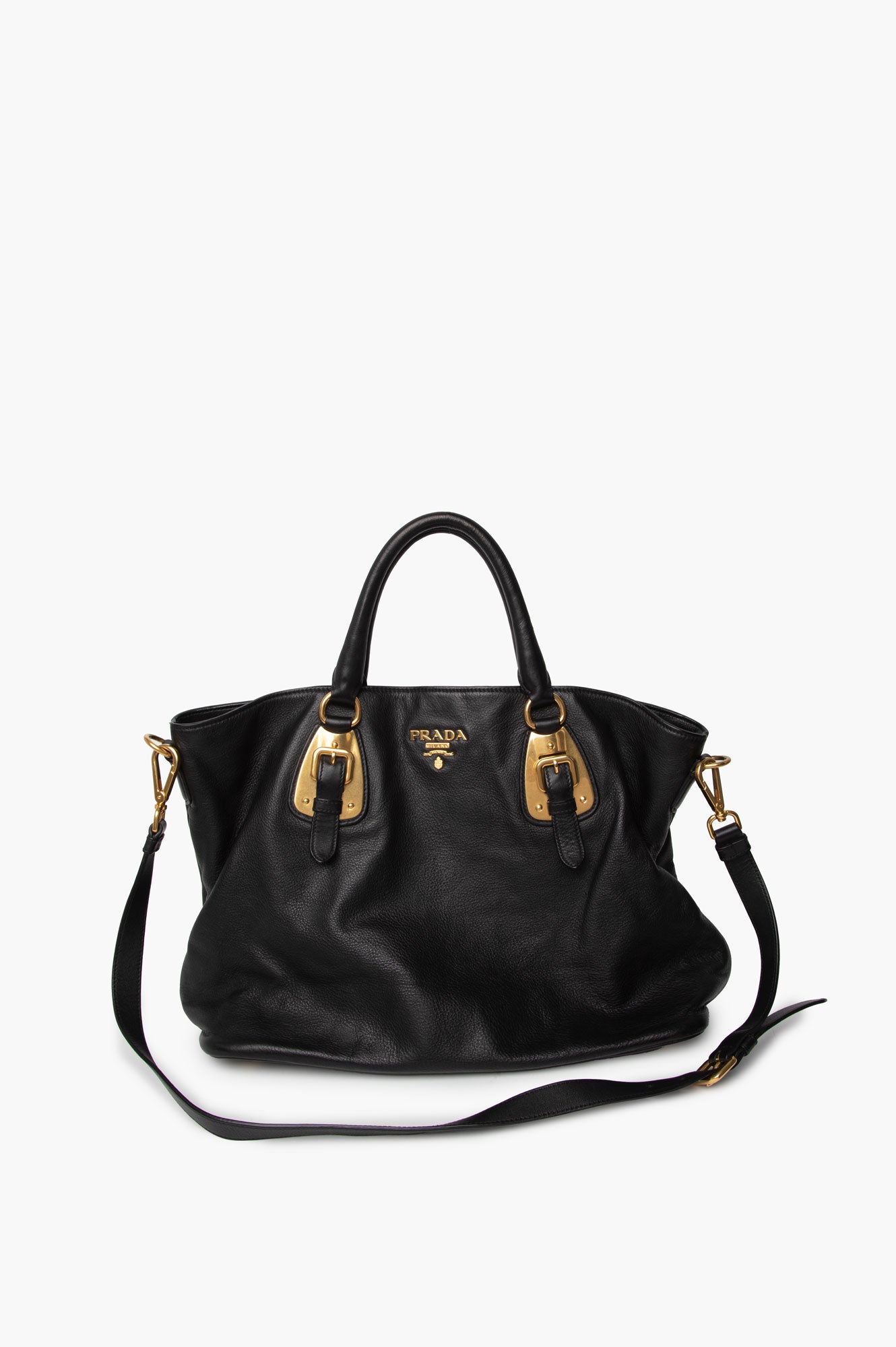Prada Black Vitello Phenix Buckle Shopper Tote Bag
