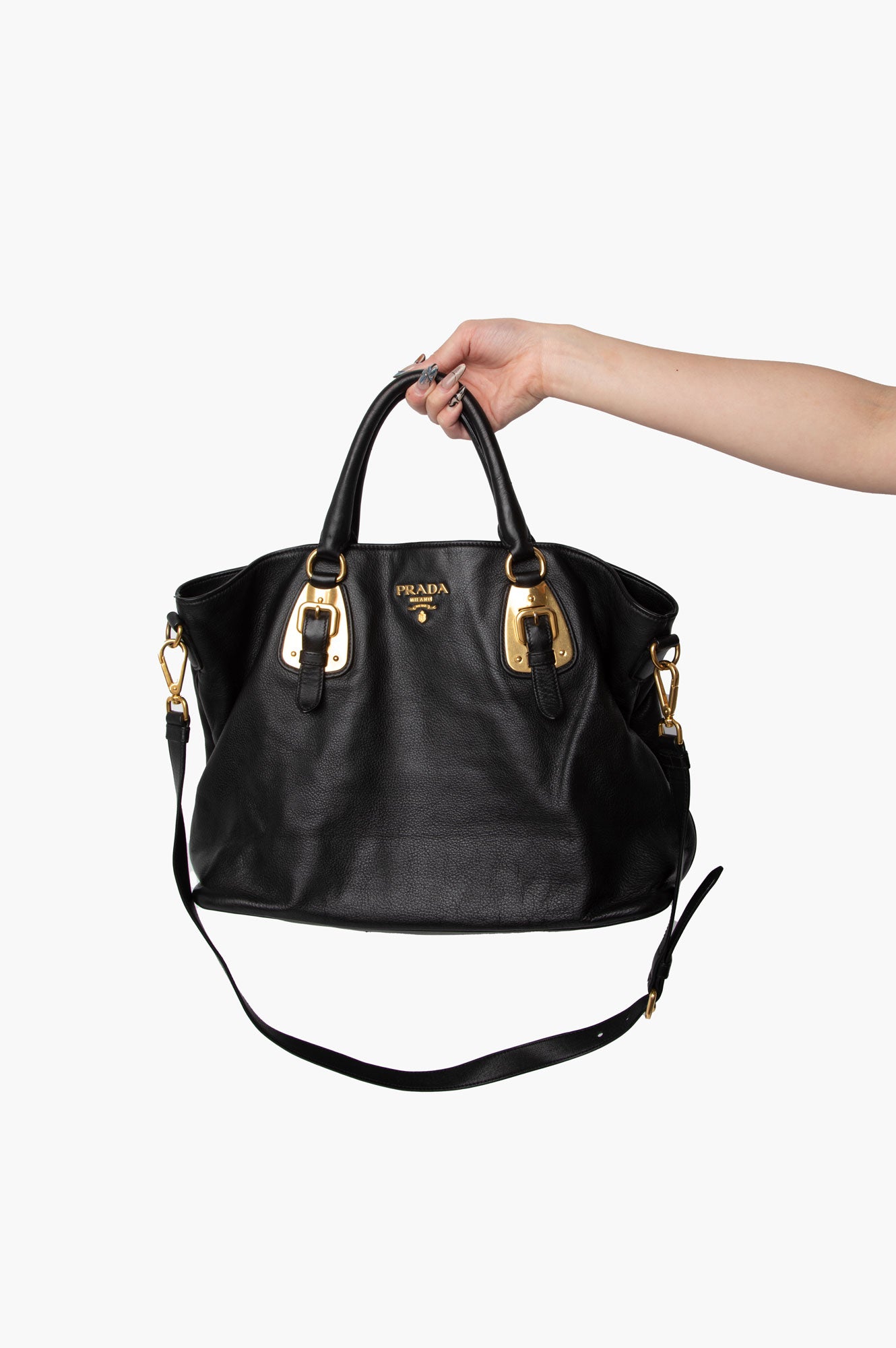 Prada Black Vitello Phenix Buckle Shopper Tote Bag