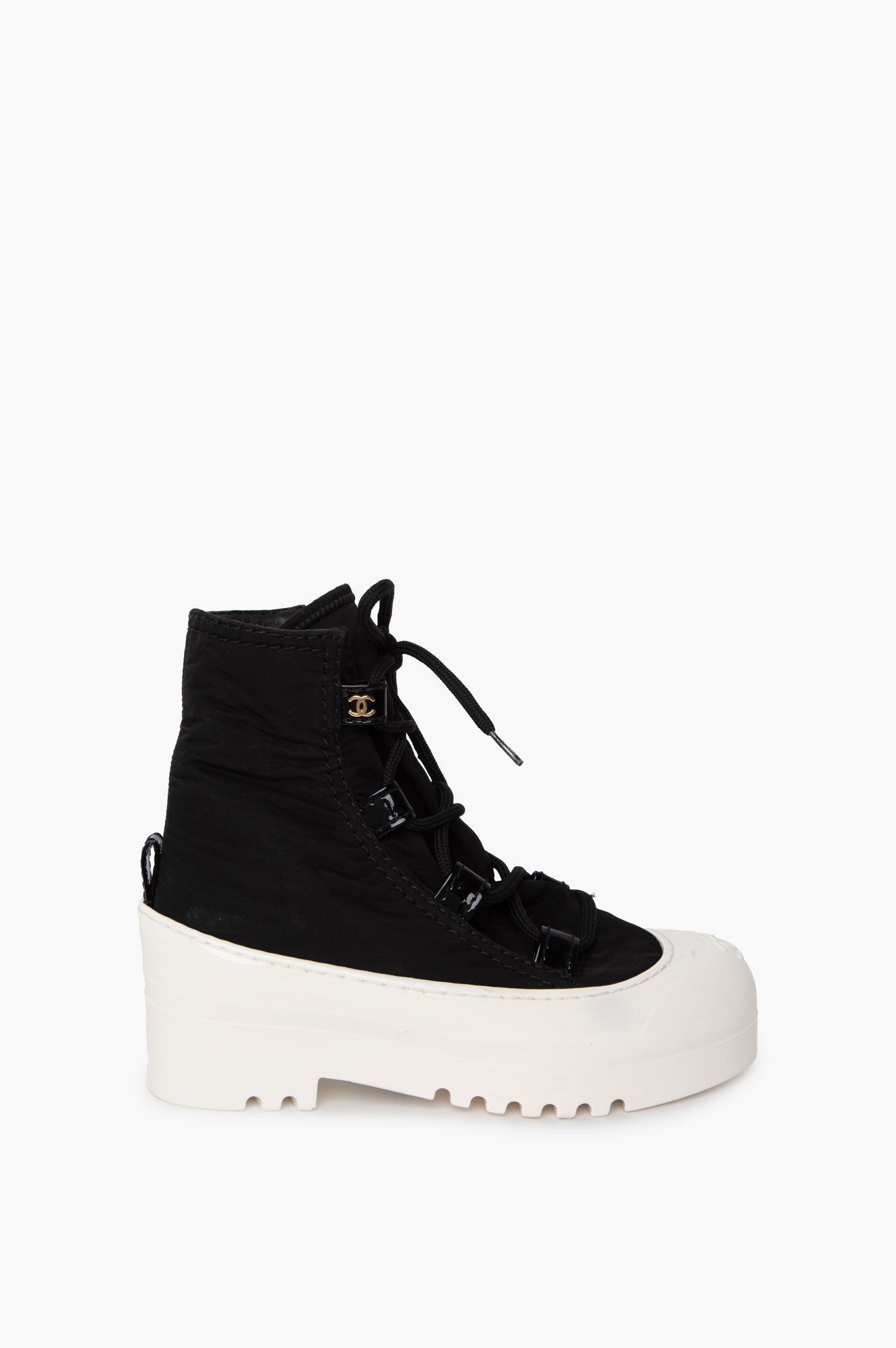 Chanel Black Nylon CC Lace Up Boots Size 36