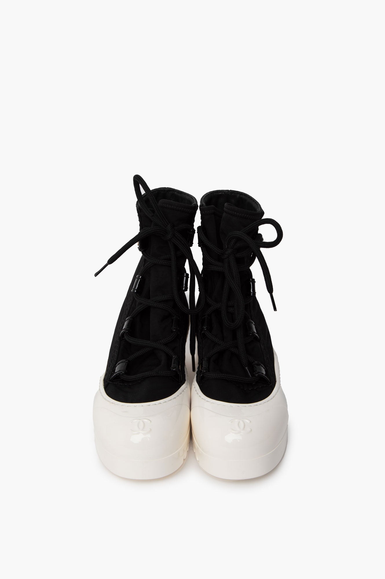 Chanel Black Nylon CC Lace Up Boots Size 36