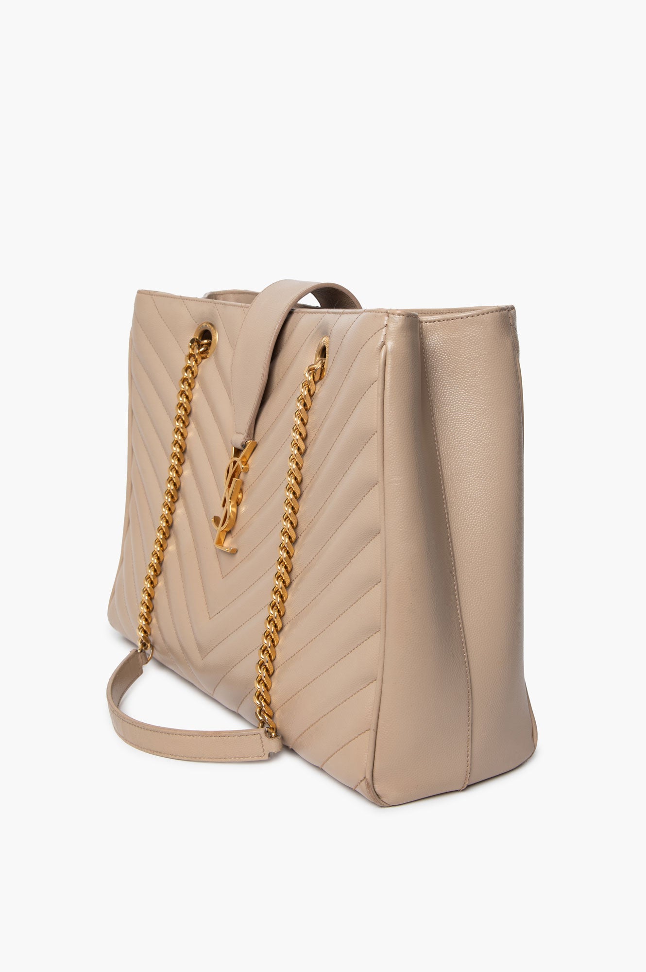 Saint Laurent Beige Grain de Poudre Matelassé Chevron Monogram Shopping Bag