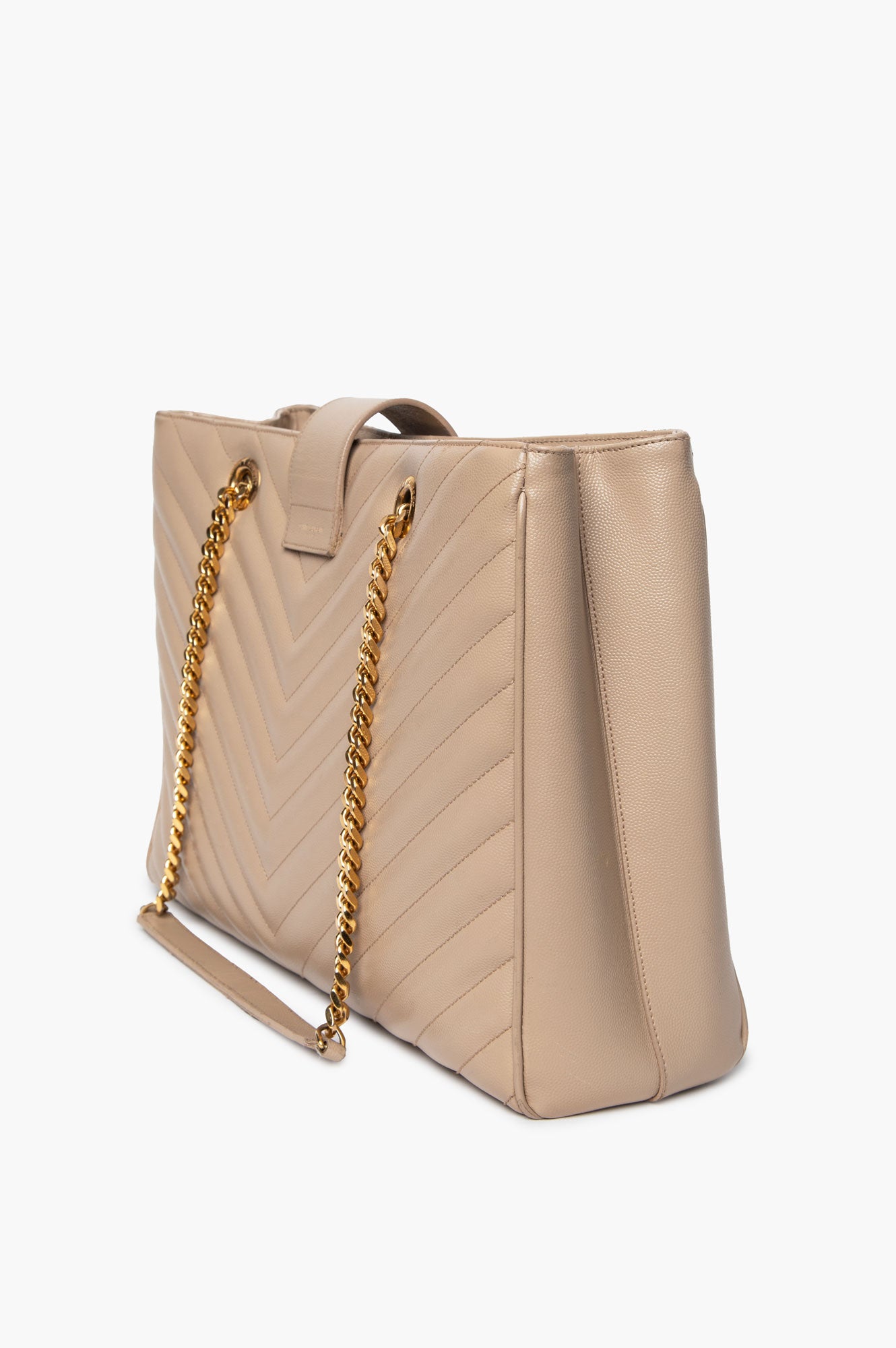 Saint Laurent Beige Grain de Poudre Matelassé Chevron Monogram Shopping Bag