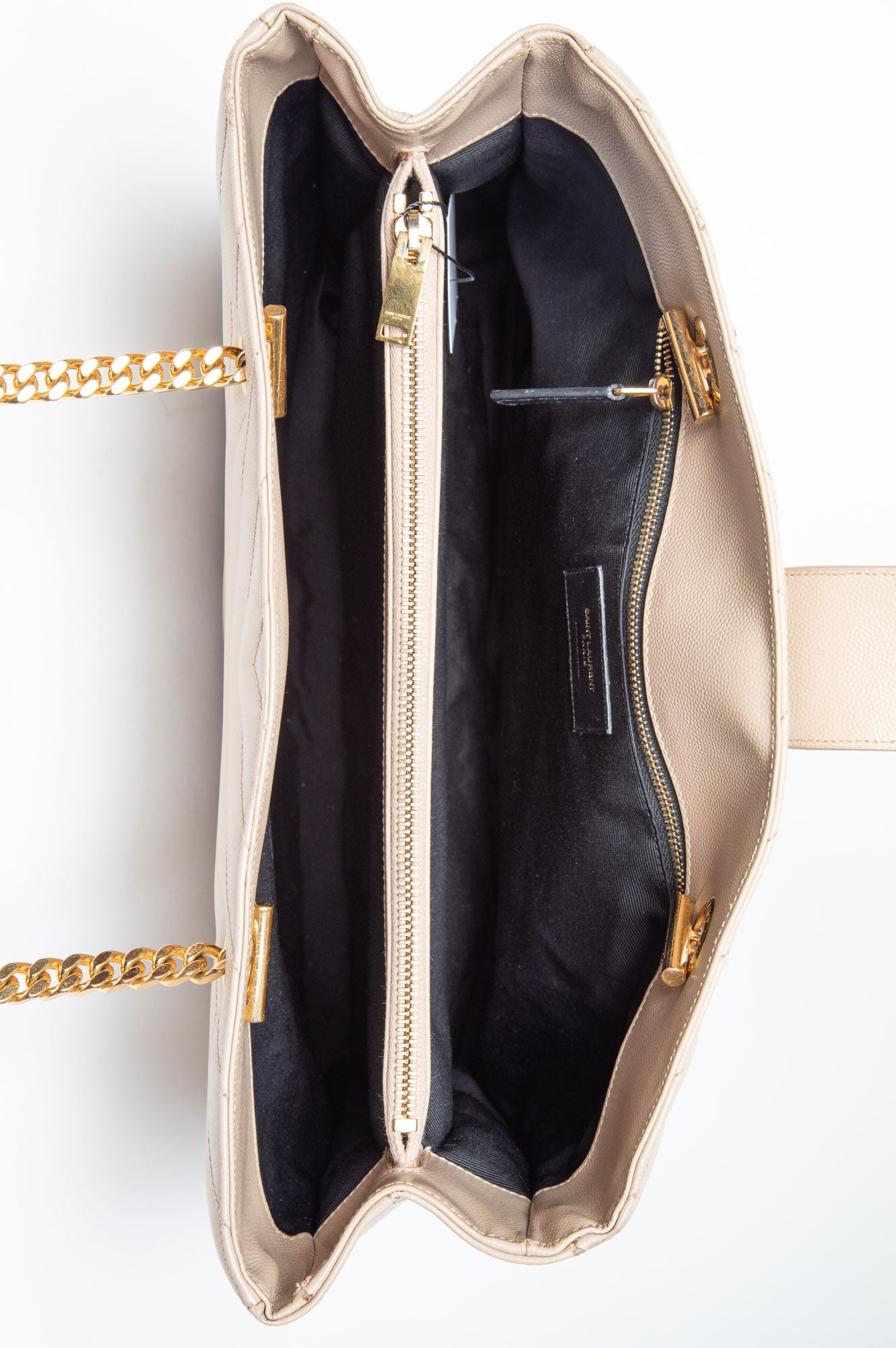 Saint Laurent Beige Grain de Poudre Matelassé Chevron Monogram Shopping Bag