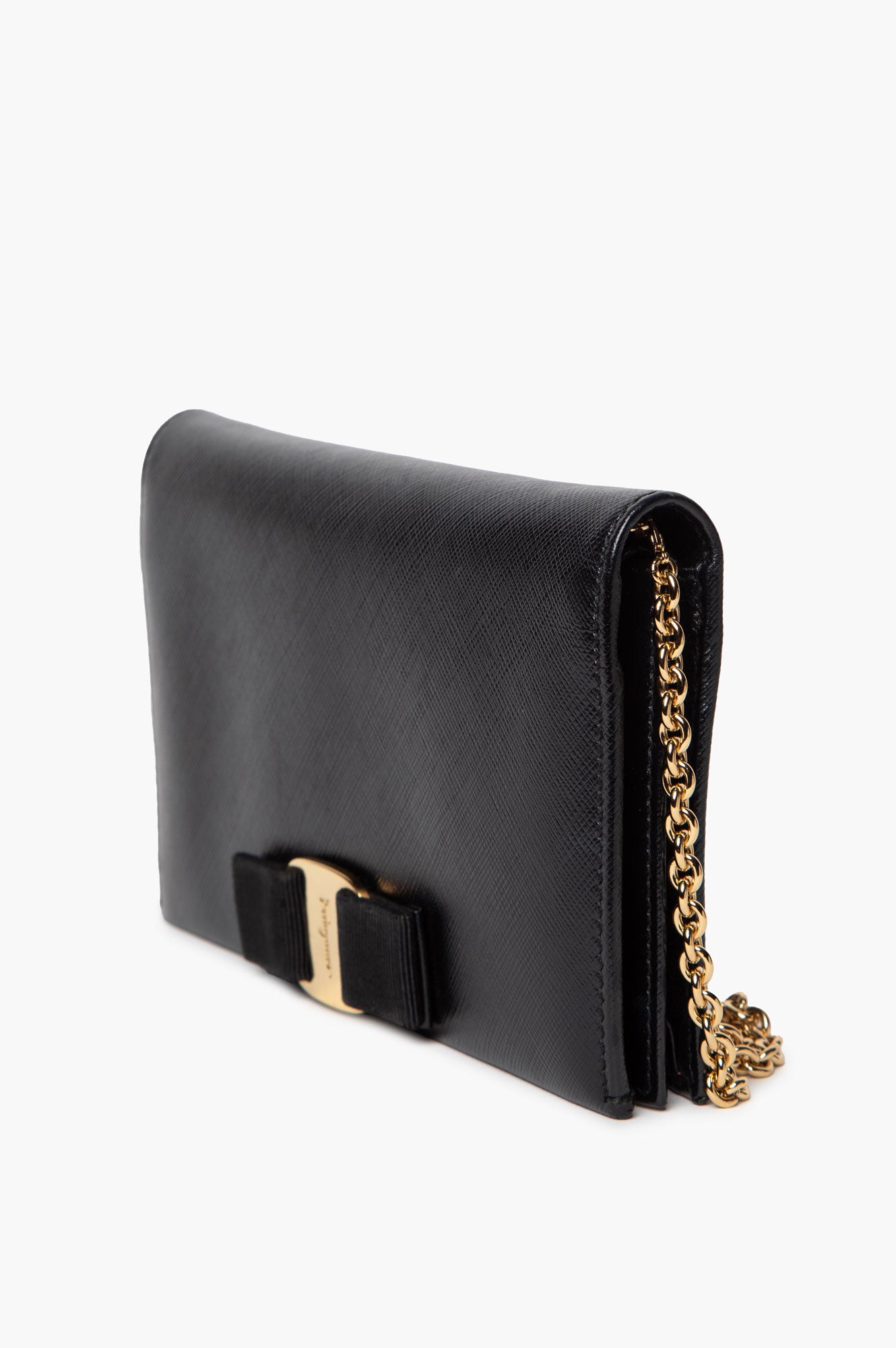 Salvatore Ferragamo Black Leather Vara Bow Wallet On Chain