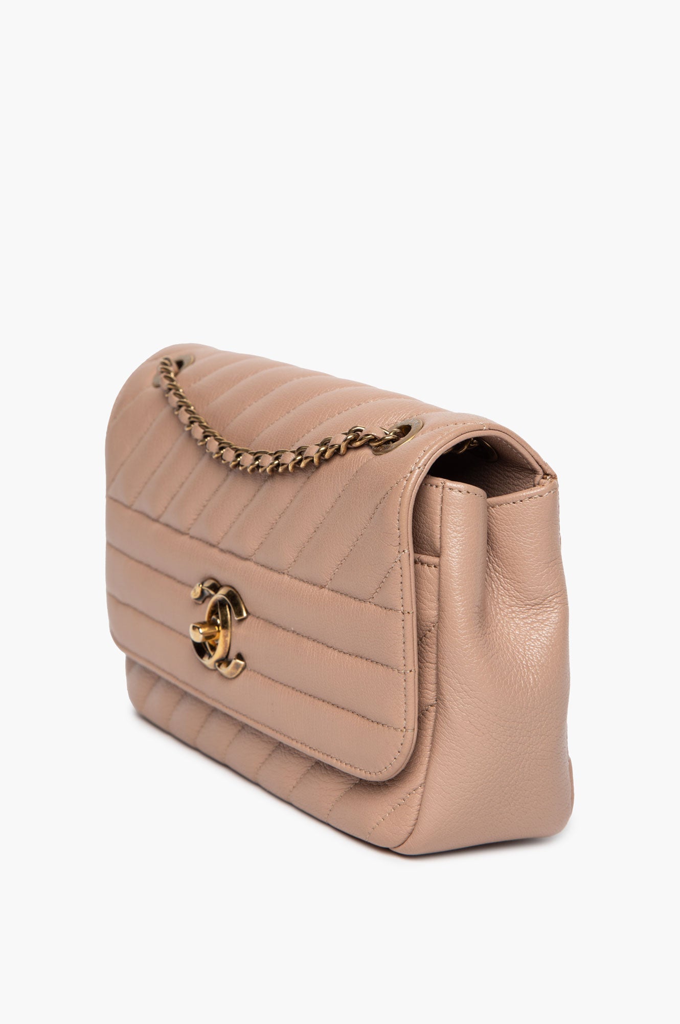 Chanel Beige Goatskin Diagonal Chevron CC Flap Bag