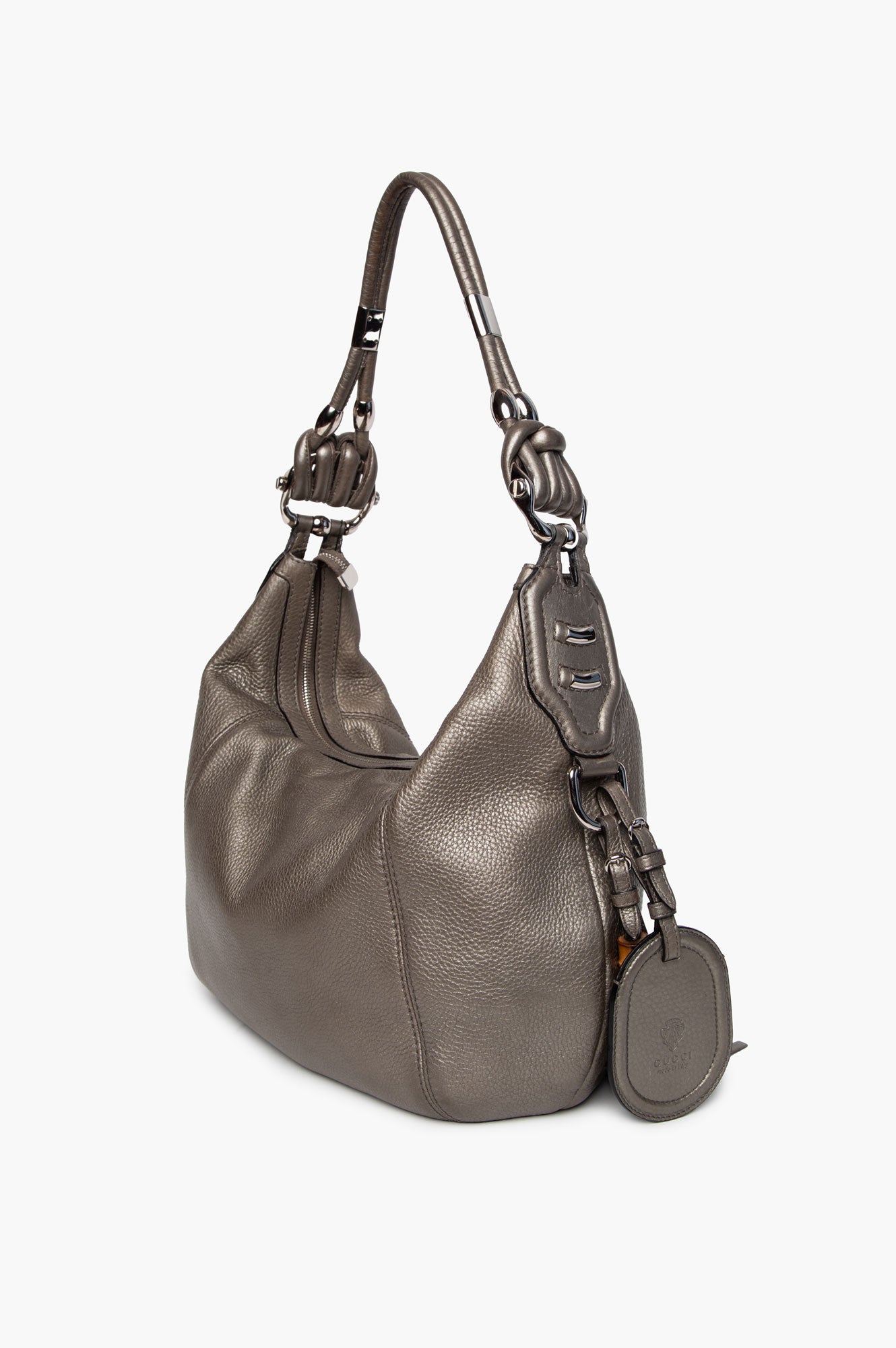 Gucci Metallic Pewter Pebbled Leather Techno Horsebit Hobo Bag
