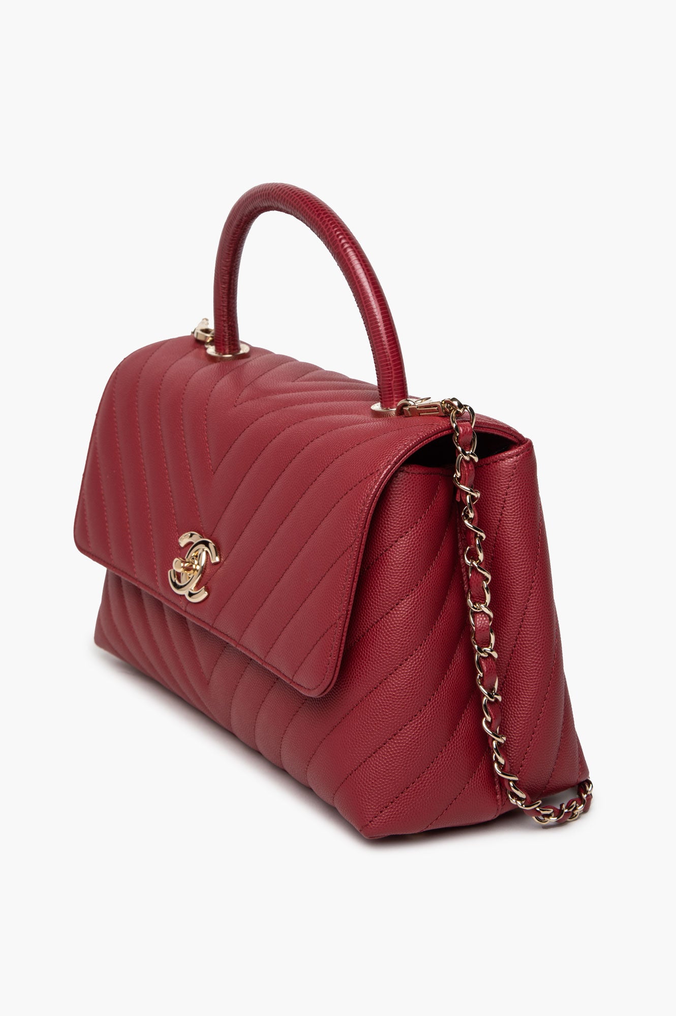 Chanel Dark Red Chevron Quilted Caviar & Lizard Medium Coco Handle Bag