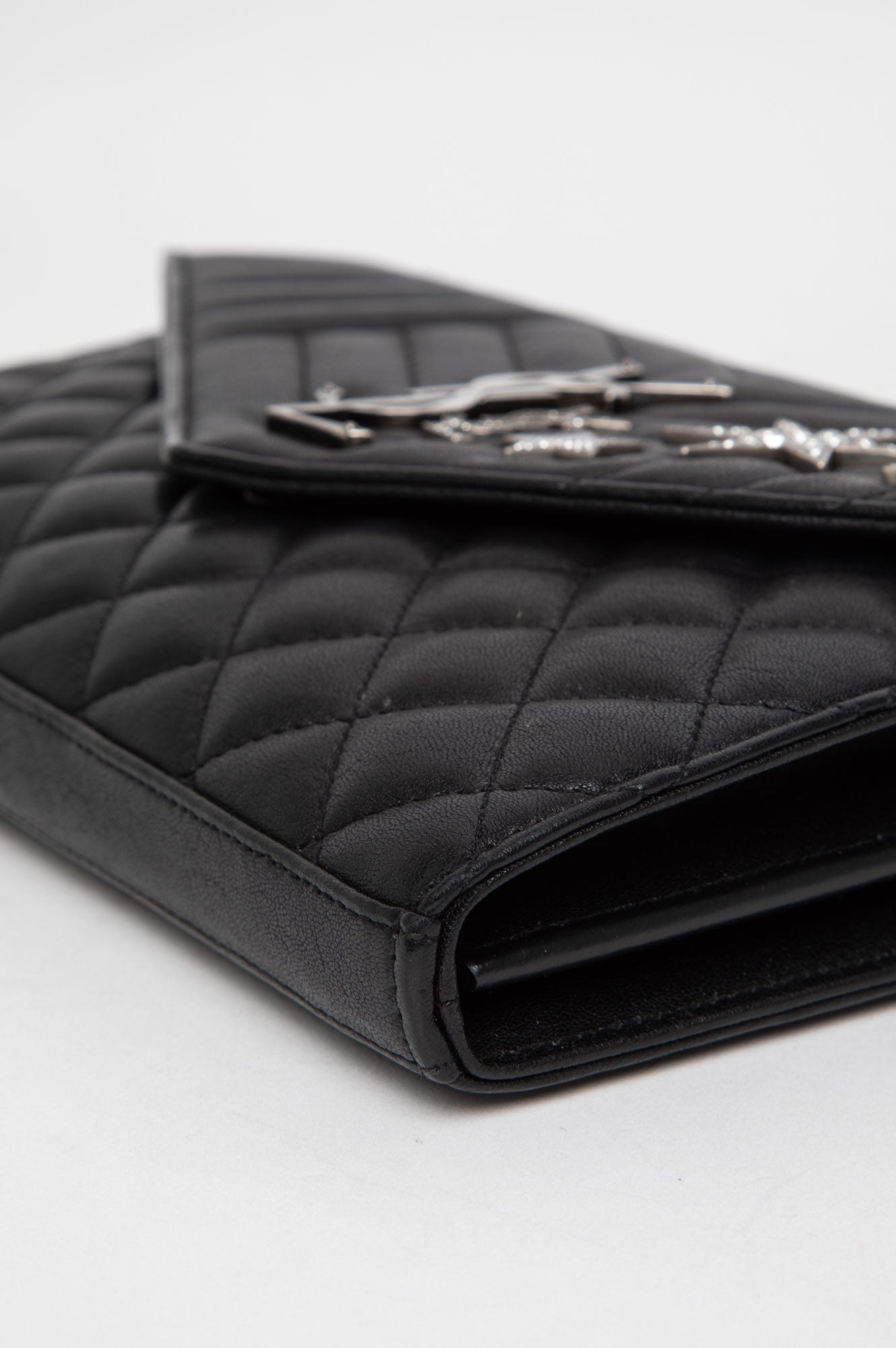 Saint Laurent Limited Edition Black Quilted Leather Embellished Monogramme Envelope Chain Wallet