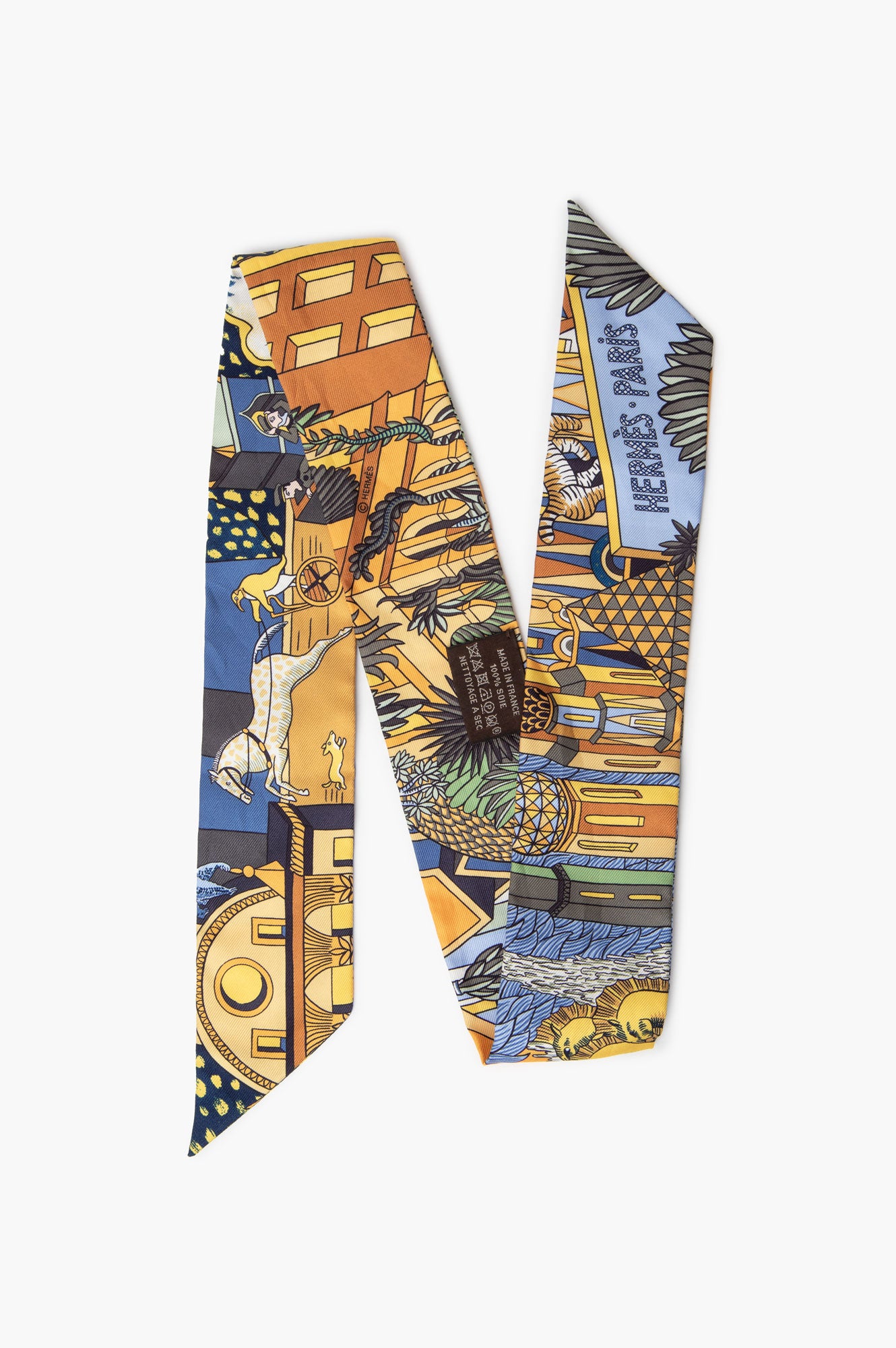 Hermès Blue/Yellow Animapolis Silk Twilly 86