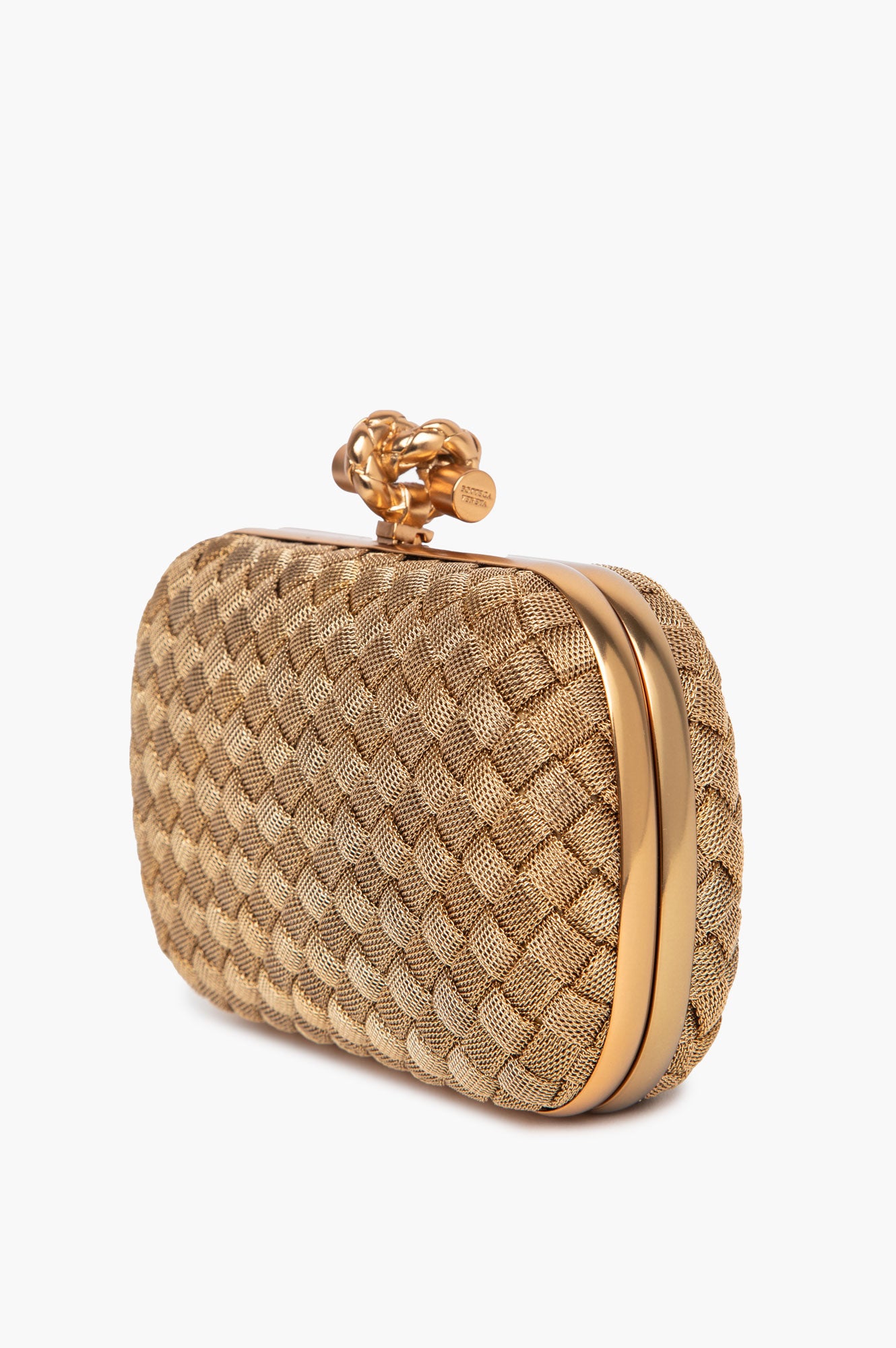Bottega Veneta Gold Intrecciato Woven Metal Knot Minaudière Clutch