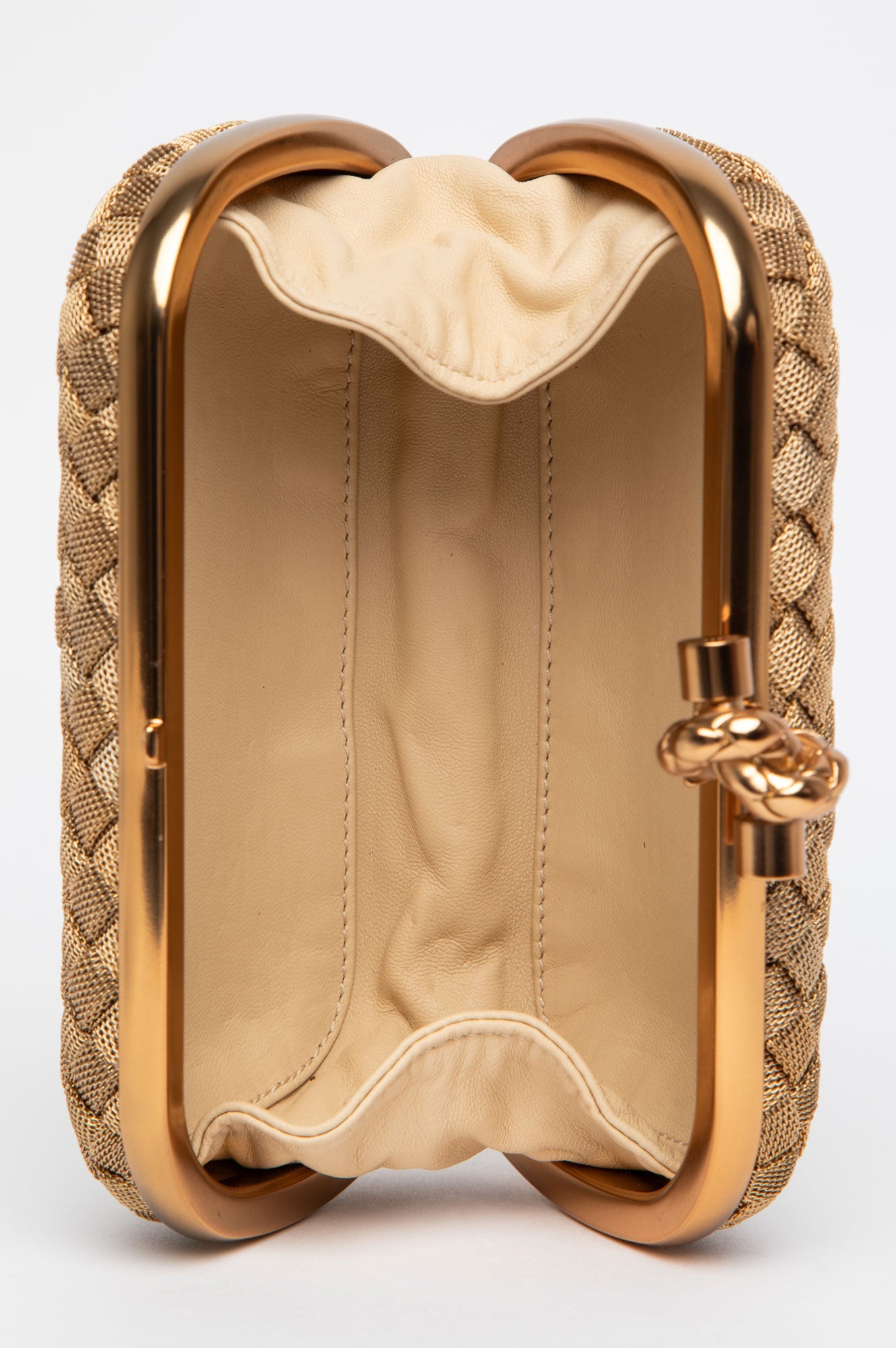 Bottega Veneta Gold Intrecciato Woven Metal Knot Minaudière Clutch