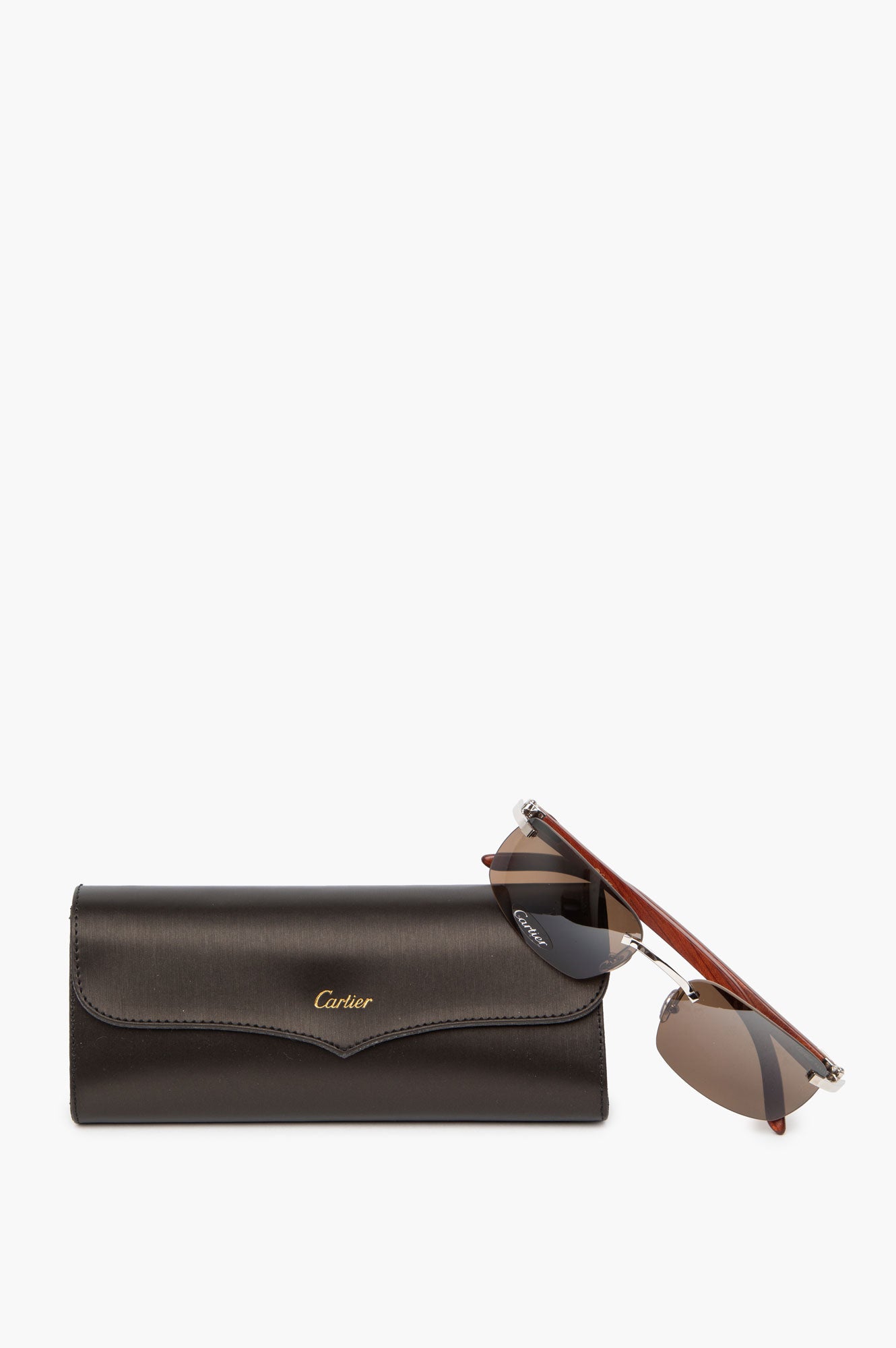 Cartier Light Wood Rimless Sunglasses with Platnium C Decor and Brown Lens
