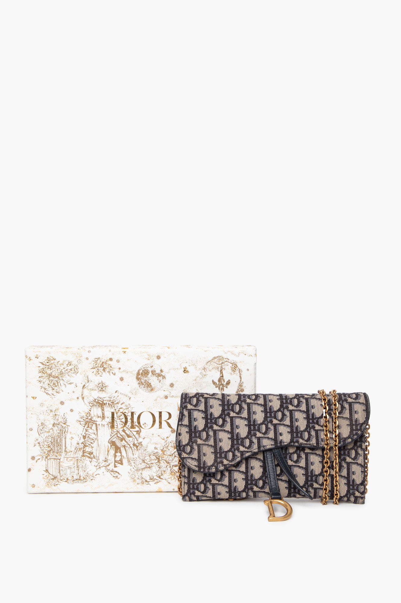Christian Dior Blue Oblique Small Saddle Chain Pouch with Zip Pouch