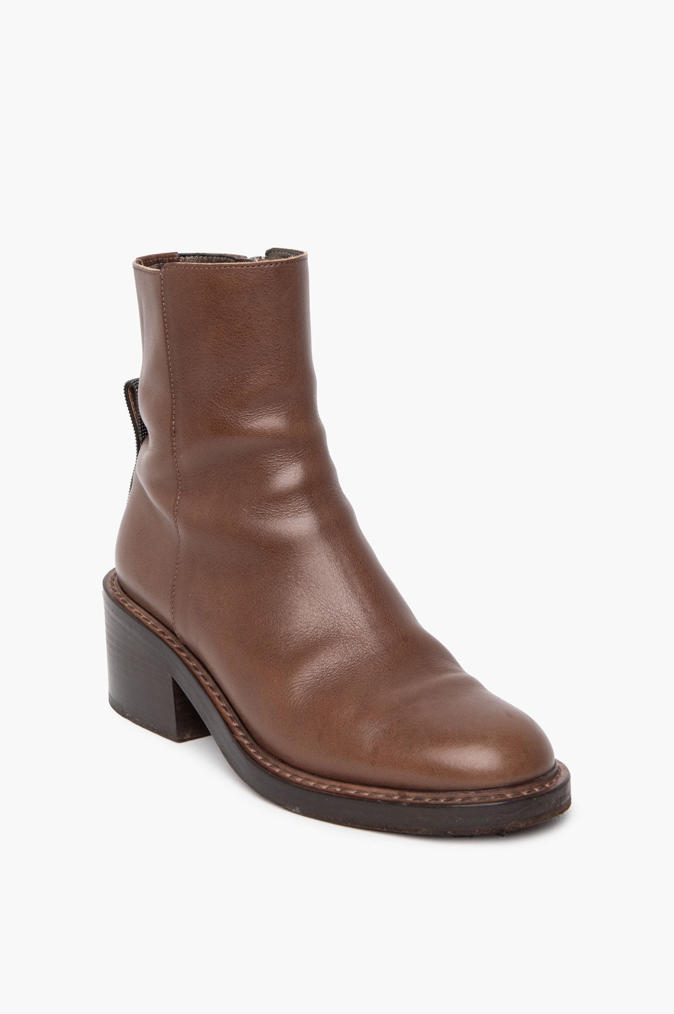 Brunello Cucinelli Brown Leather Monili Tab Ankle Boots Size 36
