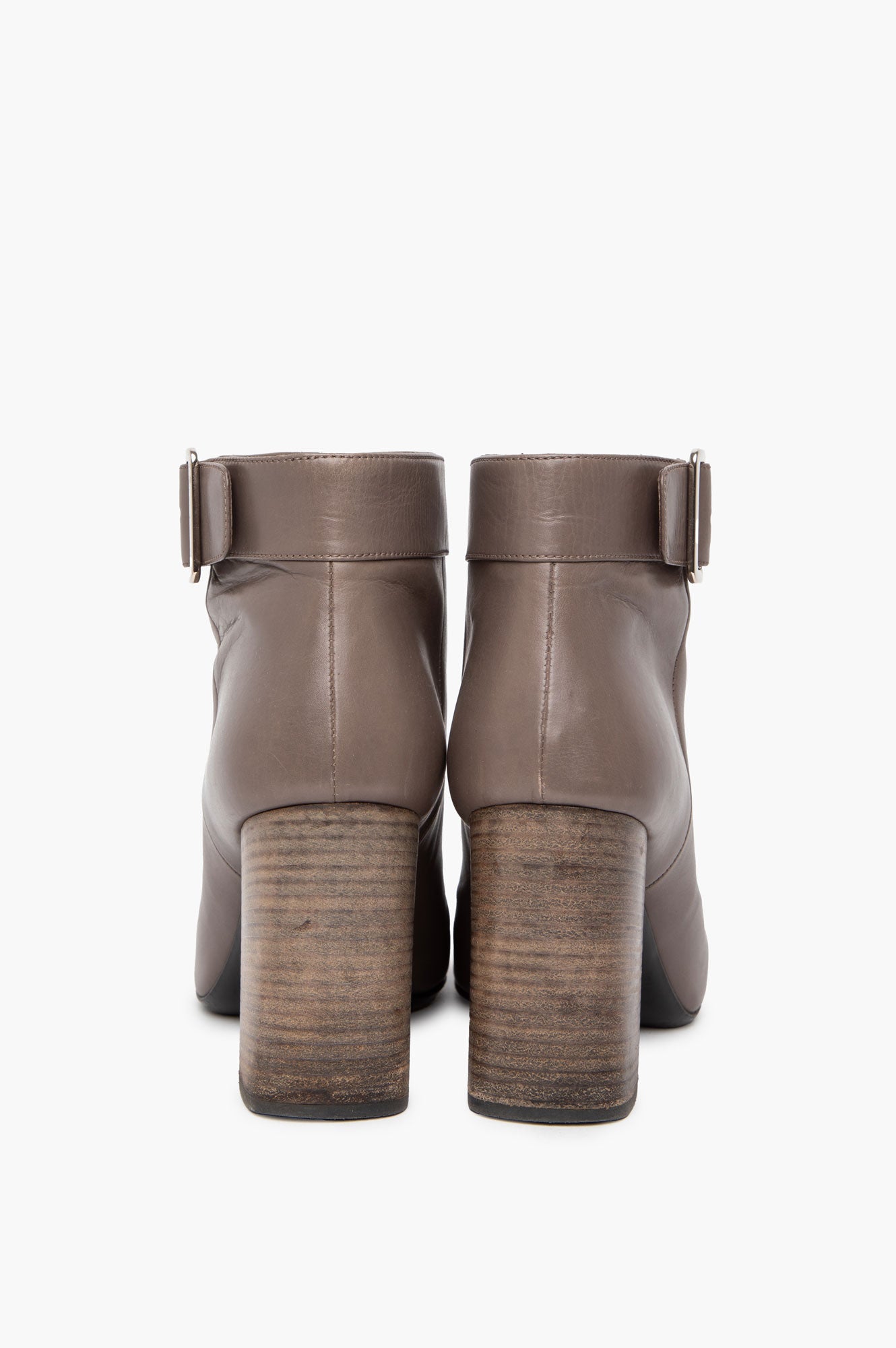 Prada Grey Leather Buckle Ankle Stacked Heel Booties Size 37