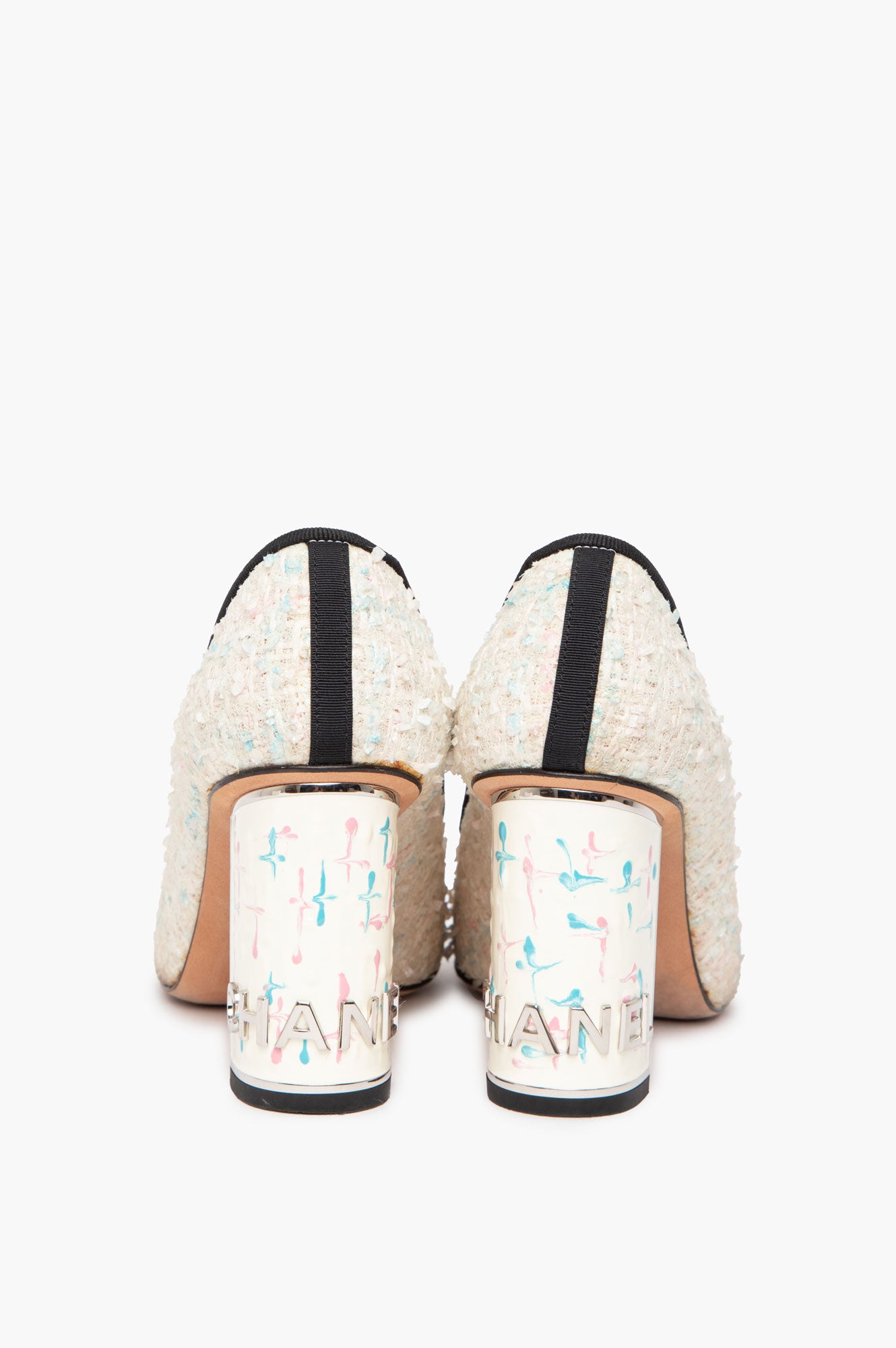 Chanel Pink & Blue Flecked Tweed CC Cap Toe Block Heel Pumps Size 36.5