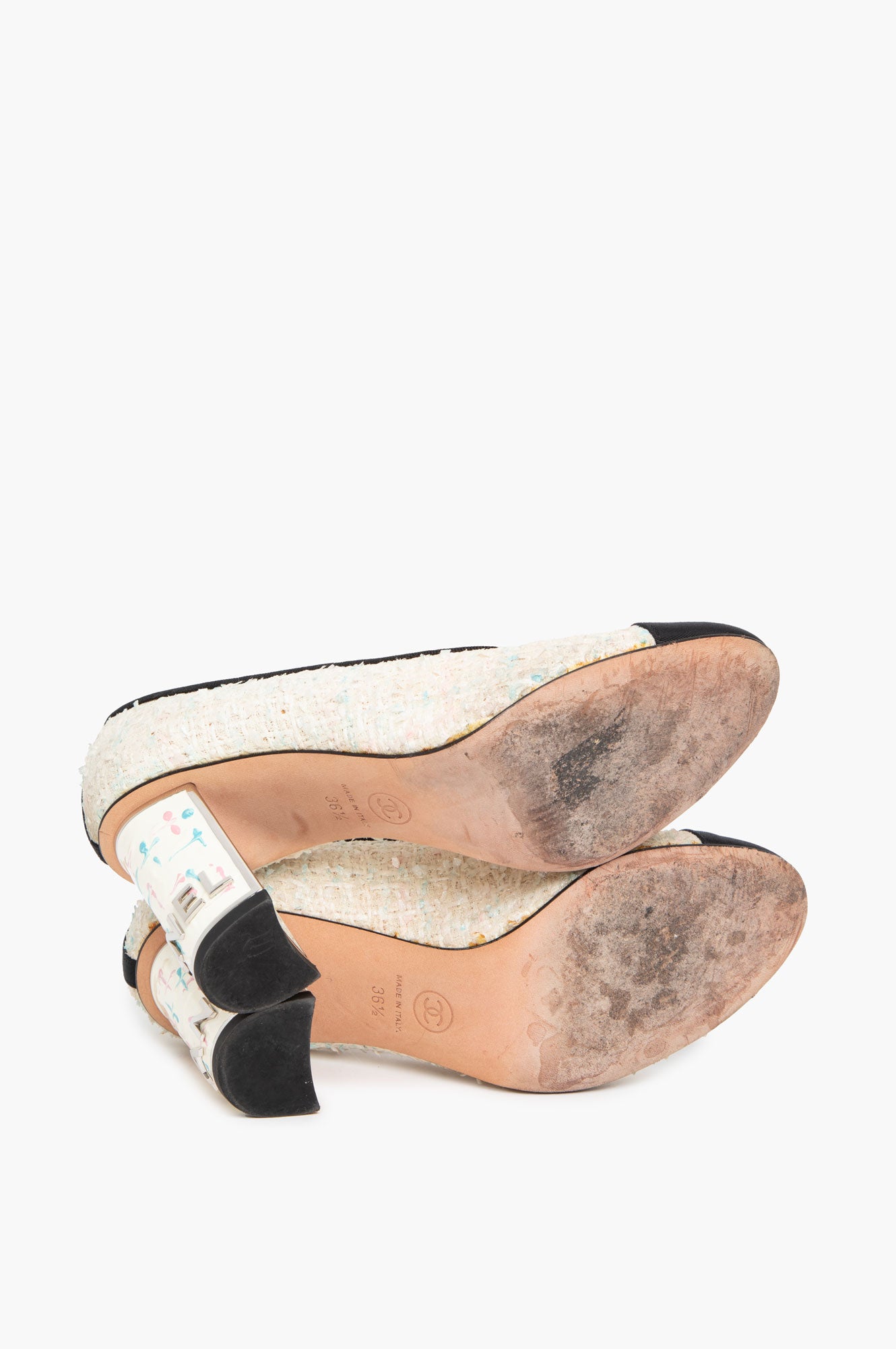 Chanel Pink & Blue Flecked Tweed CC Cap Toe Block Heel Pumps Size 36.5