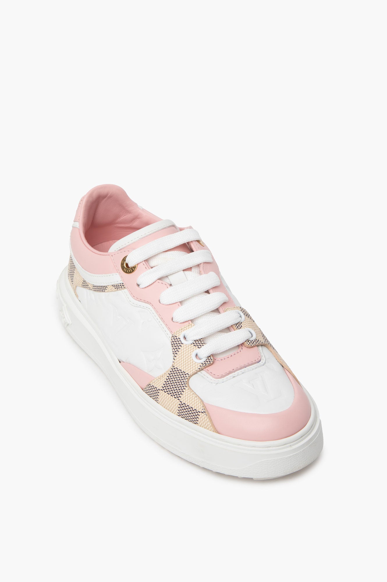 Louis Vuitton Pink/White Embossed Leather Damier Azur Time Out Trainers Size 35.5