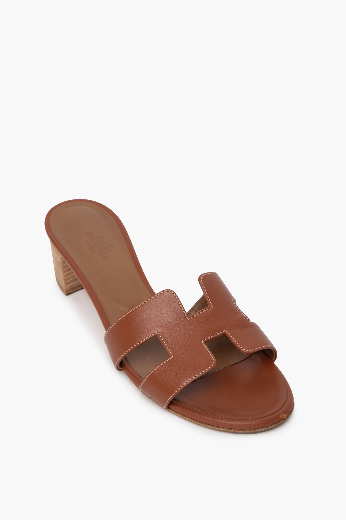 Hermès Brown Swift Stacked Heel Oran Sandals Size 37.5
