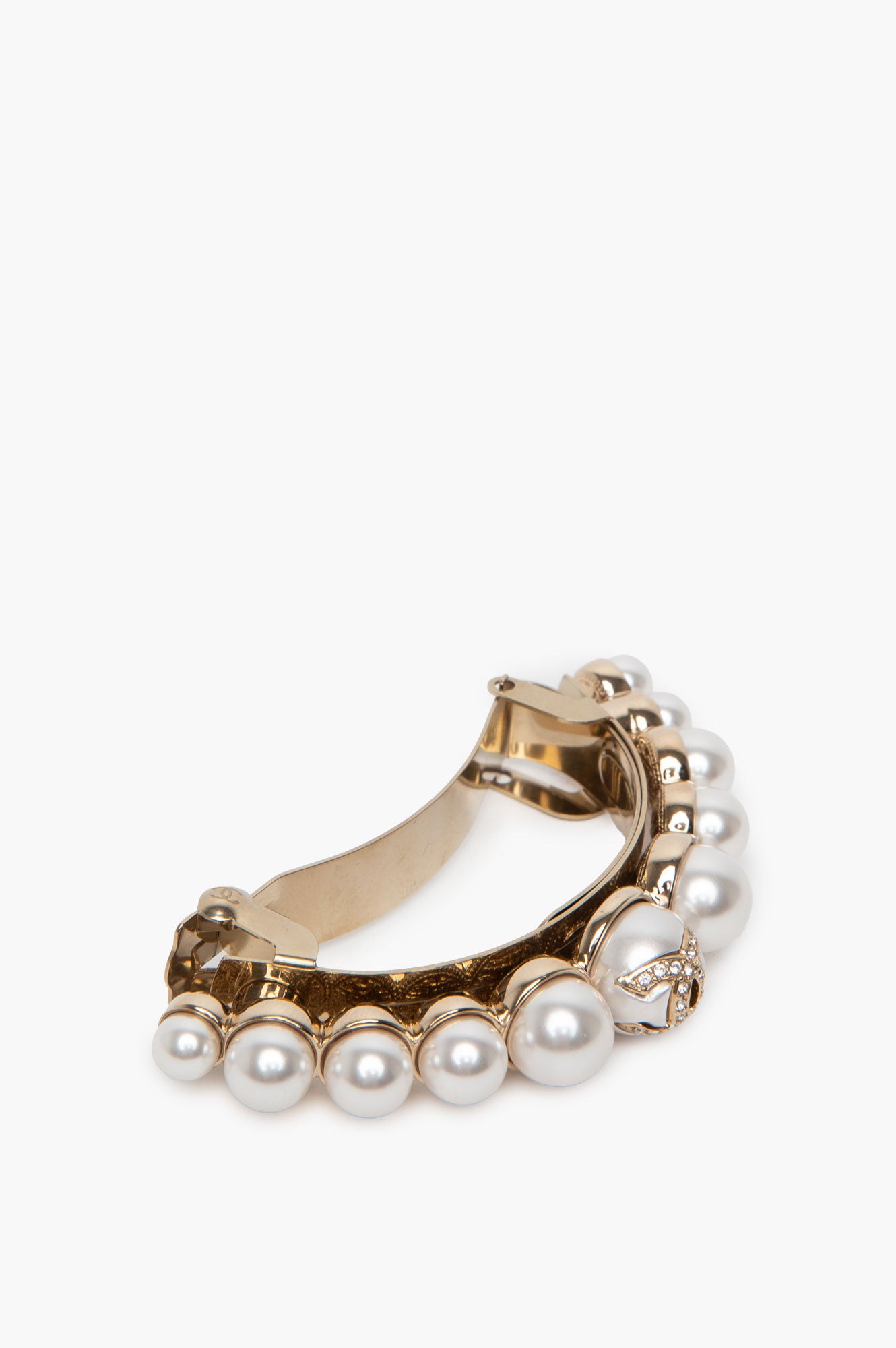 Chanel Crystal CC Logo Faux Pearl Gold Tone Pony Barette