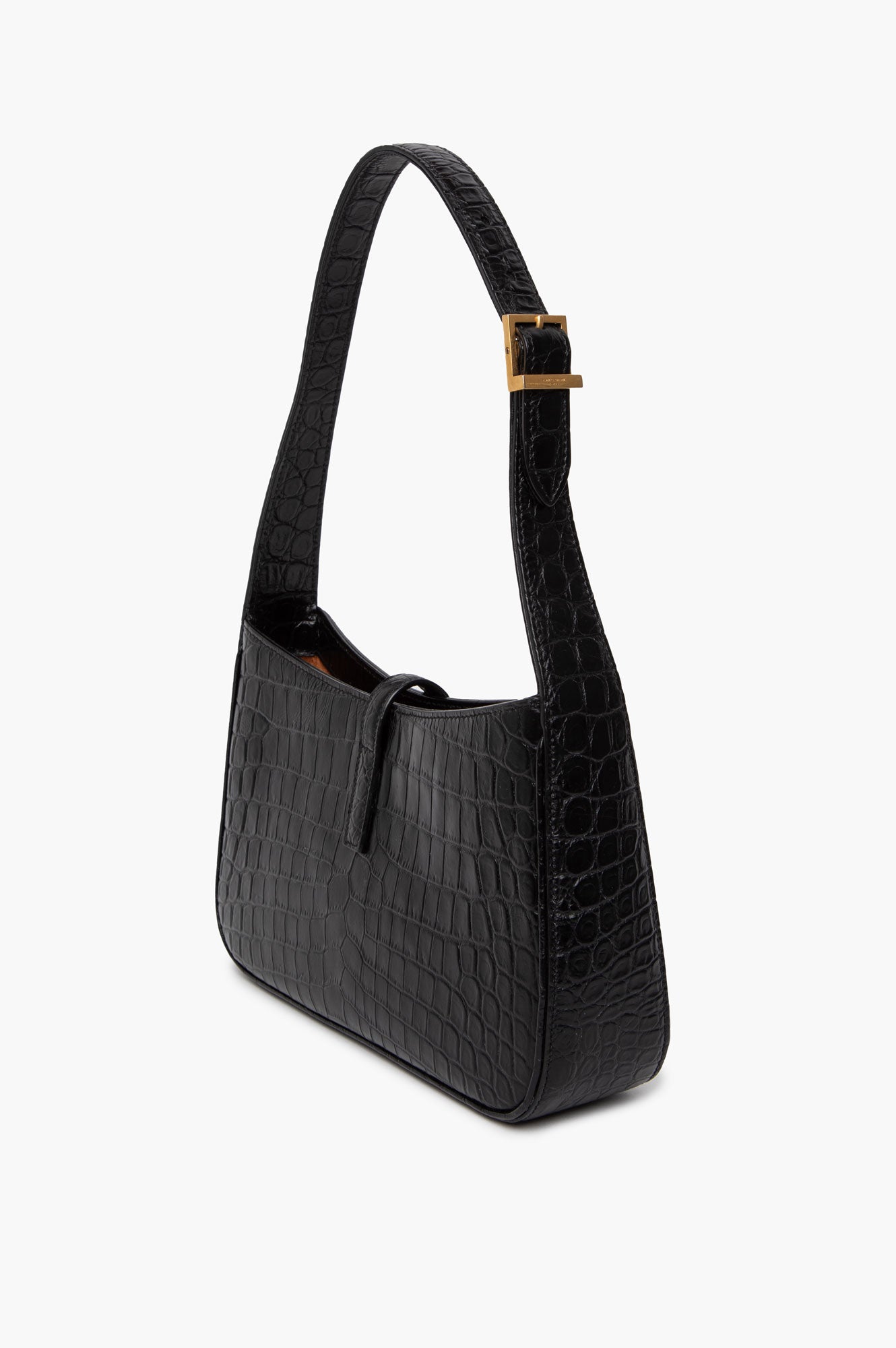 Saint Laurent Black Croc Embossed Shiny Leather Hobo Bag