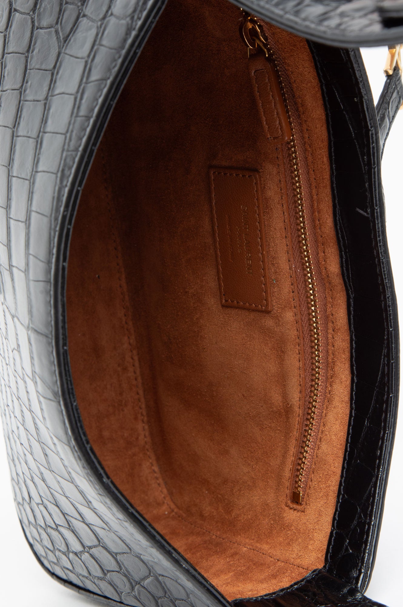 Saint Laurent Black Croc Embossed Shiny Leather Hobo Bag